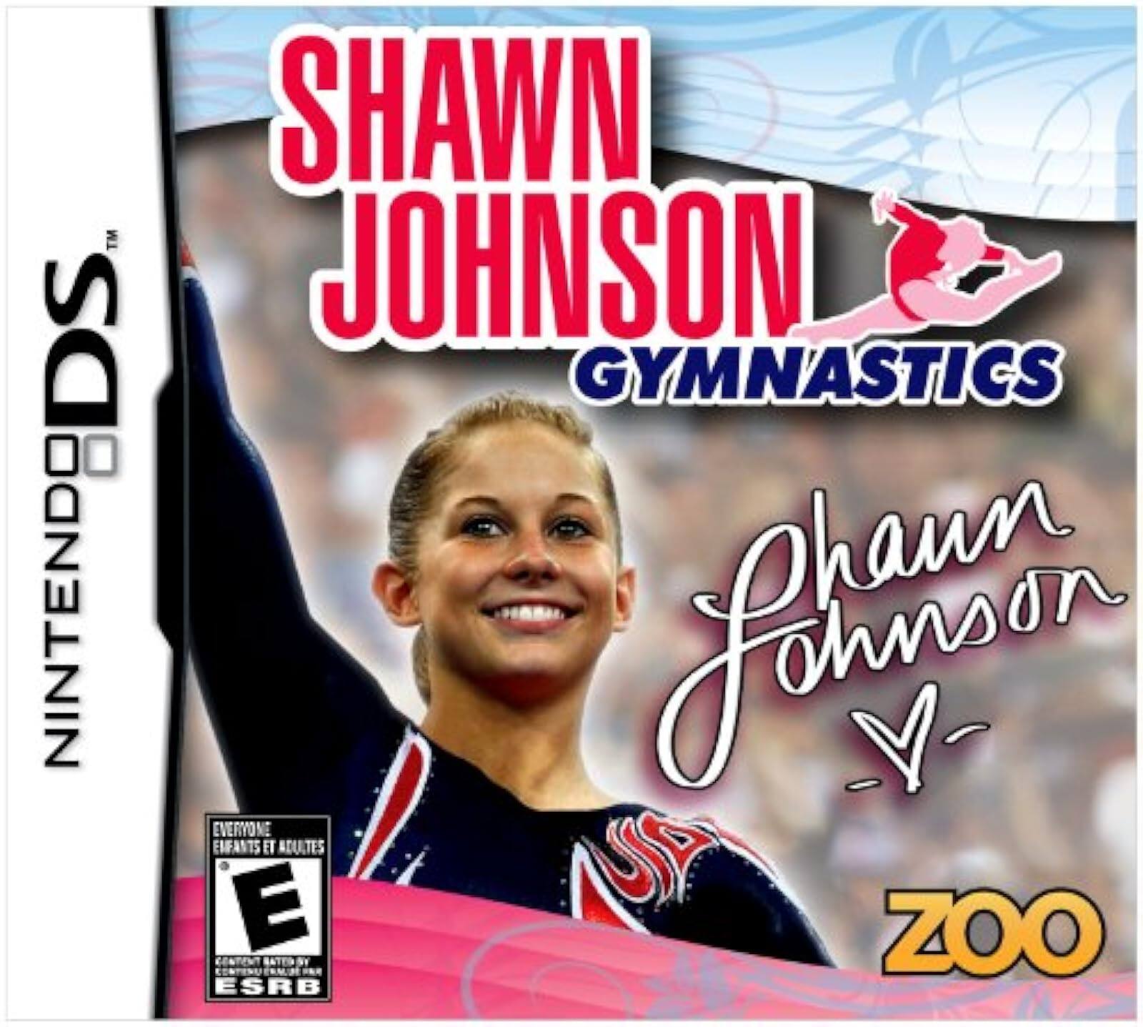 Sure, here is the corrected and grouped text from the image:

---

**NINTENDO DS™**

**SHAWN JOHNSON GYMNASTICS**

**Shawn Johnson**

**ZOO**

**EVERYONE**  
**ENFANTS ET ADULTES**  
**E**  
**ESRB**

---

This text is arranged as it appears on the cover of the game. - E (Everyone)