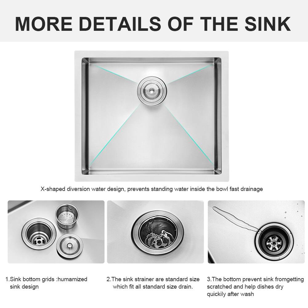 MORE DETAILS OF THE SINK

X-shaped diversion water design, prevents standing water inside the bowl fast drainage

1. Sink bottom grids: humamized sink design
2. The sink strainer are standard size which fit all standard size drain.
3. The bottom prevent sink from getting scratched and help dishes dry quickly after wash