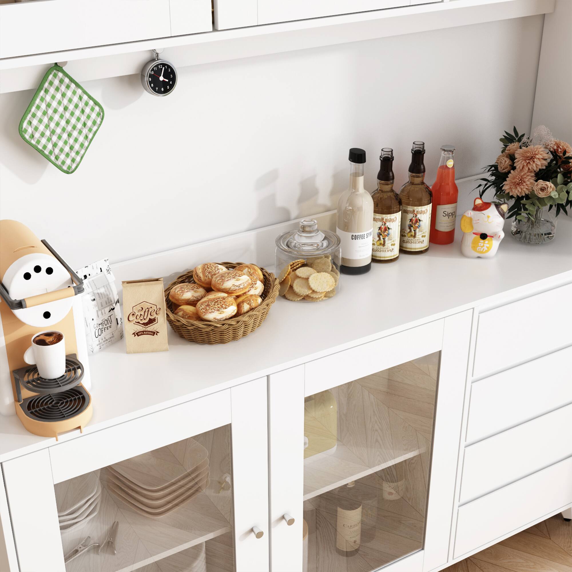 BUHI’S KITCHEN FUFU&GAGA 4-in-1 White Wood Buffet and Hutch Kitchen Cabinet