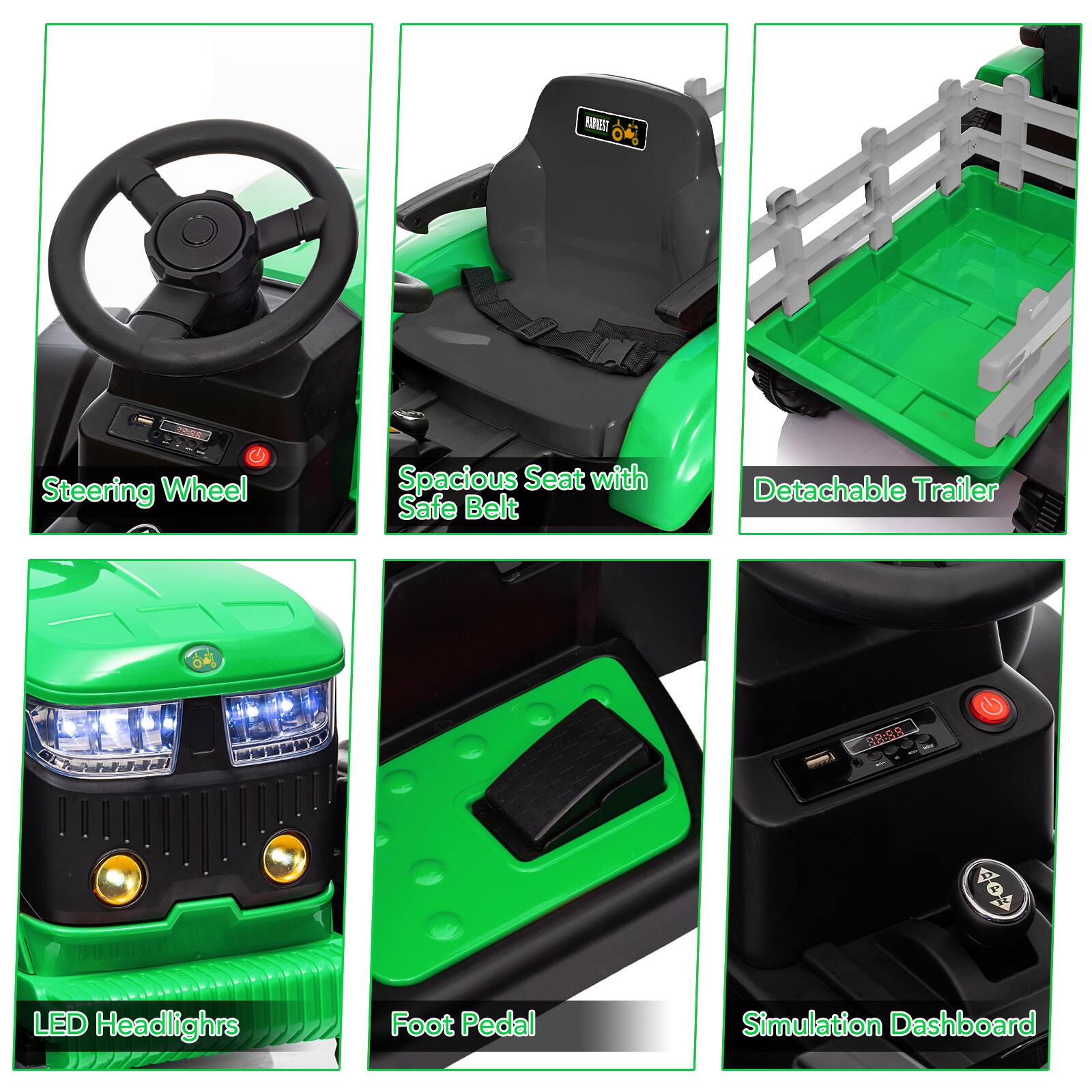 - Steering Wheel
- Spacious Seat with Safe Belt
- Detachable Trailer
- LED Headlights
- Foot Pedal
- Simulation Dashboard