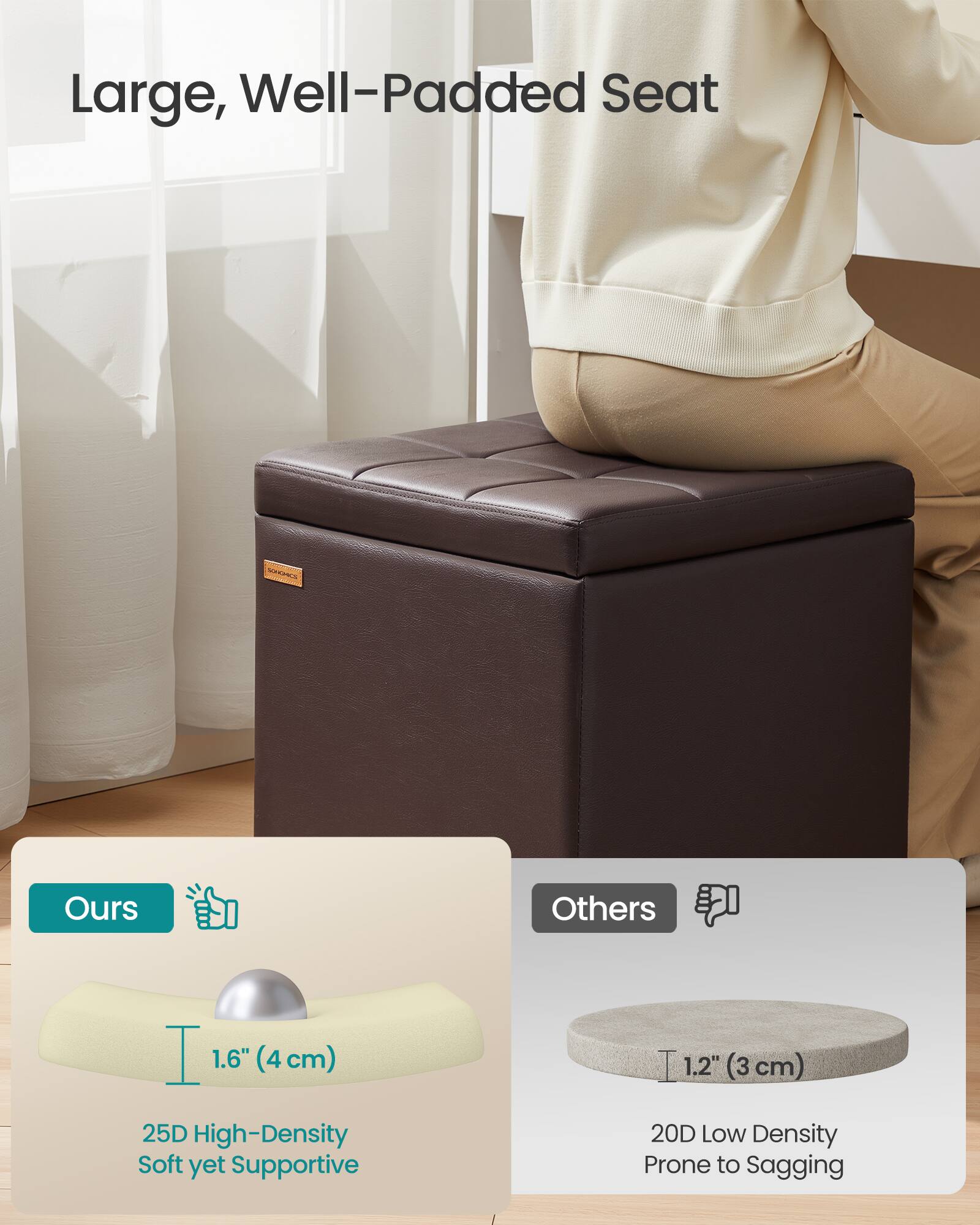 Large, Well-Padded Seat

Ours
1.6" (4 cm)
25D High-Density Soft yet Supportive

Others
1.2" (3 cm)
20D Low Density Prone to Sagging