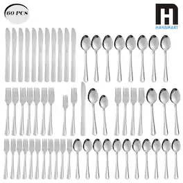 Hansmart - 60Pcs Stainless Steel Flatware Set For 12 With Dinner Forks Salad Forks Spoons and Knives Dishwasher Safe - Silver