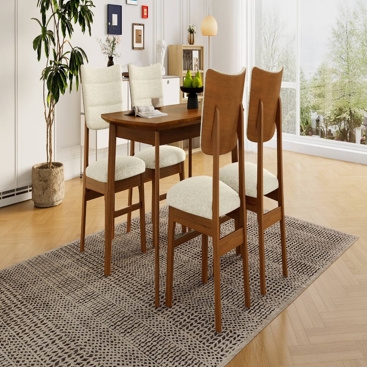 Alt View 4. Loheer - Loheer Farmhouse Dining Table Set for 4 with Upholstered Dining Chairs, Brown and Beige - Brown and Beige.