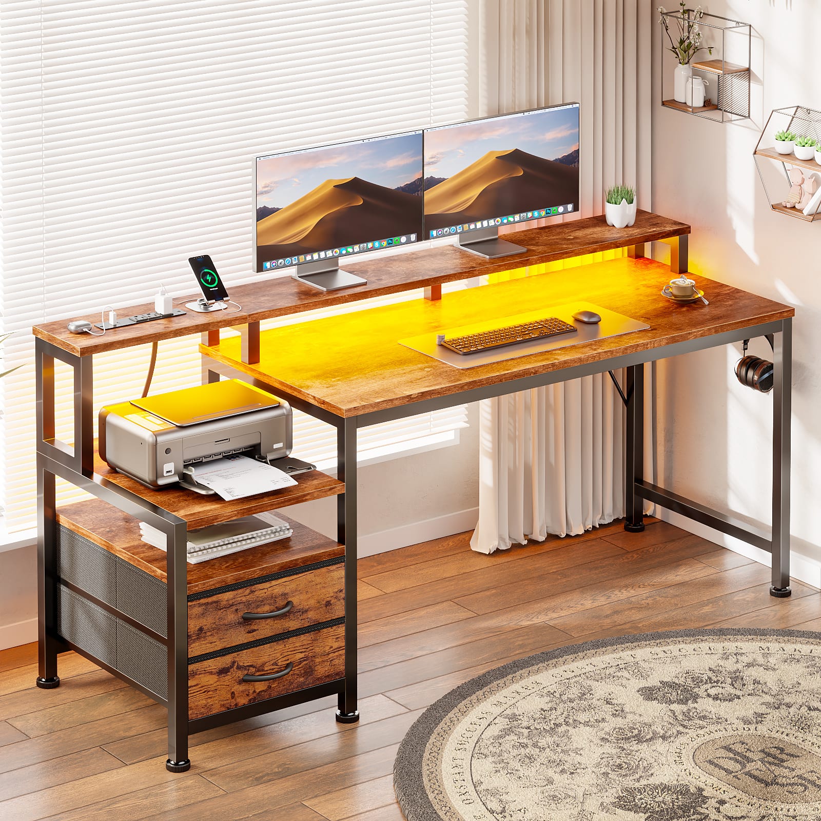 Furnulem - Computer Desk With Drawers Power Outlet Gaming Desk With Storage Shelves for Home Office Desk - Brown