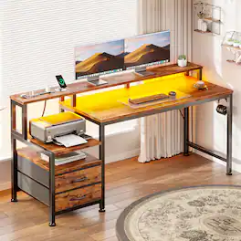 Furnulem - Computer Desk With Drawers Power Outlet Gaming Desk With Storage Shelves for Home Office Desk - Brown