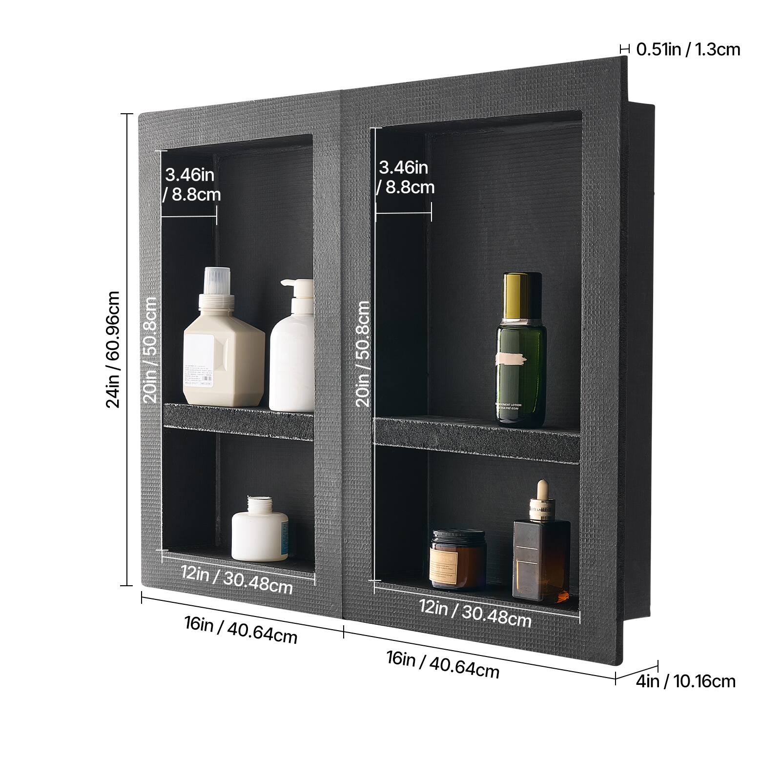 0.51in / 1.3cm  
3.46in / 8.8cm  
24in / 60.96cm / 50.8cm  
12in / 30.48cm  
16in / 40.64cm  
4in / 10.16cm