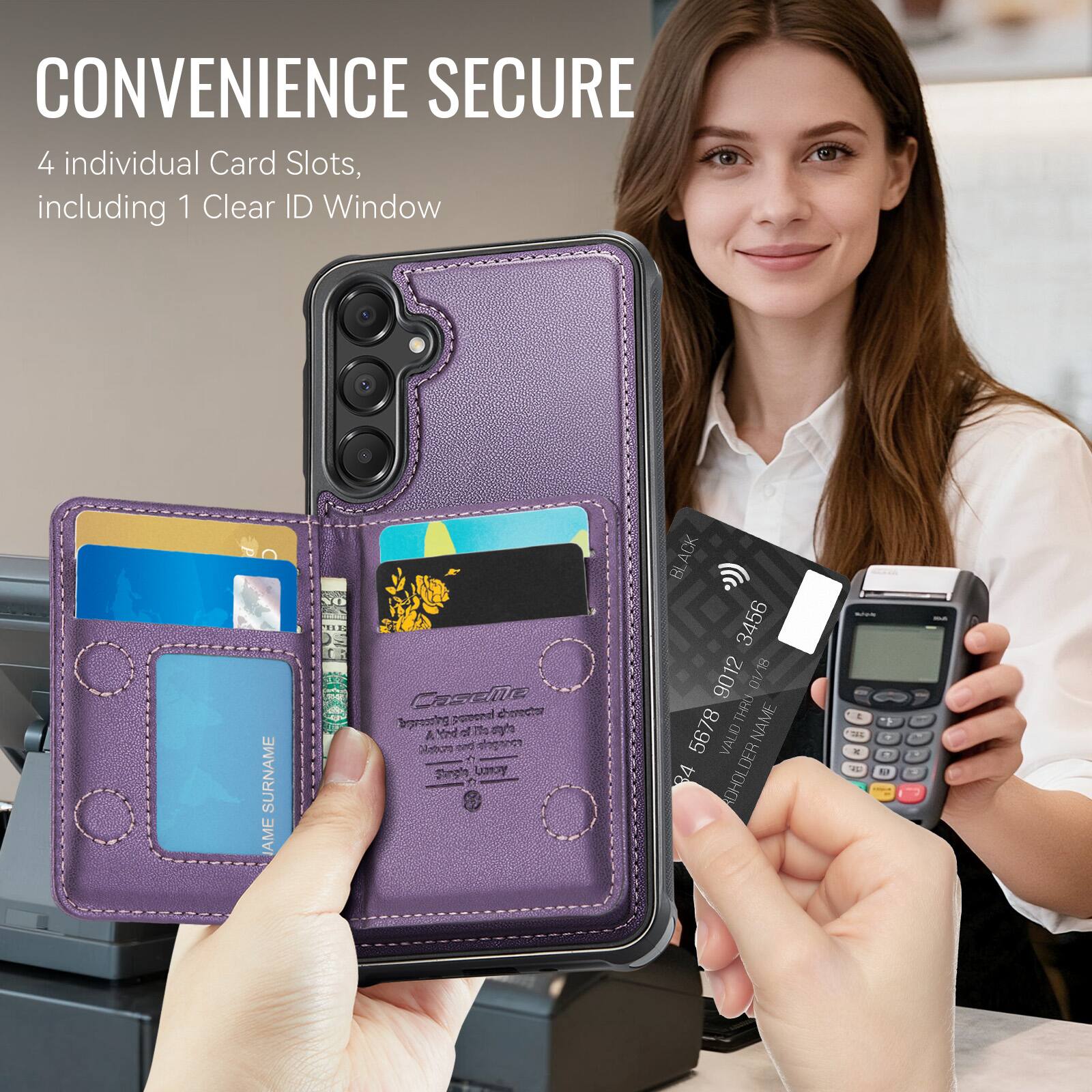 CONVENIENCE SECURE  
4 individual Card Slots, including 1 Clear ID Window  

SURNAME JAME  
Fon ... Casele E poreend dere Iprensing  
2 ayh A b of end nosennce Mhig_ttan etnoal Uay  
ACK BL 3456 9012 8/10 i THRU  
NAME 5678 a VALID 84 ADHOLDER