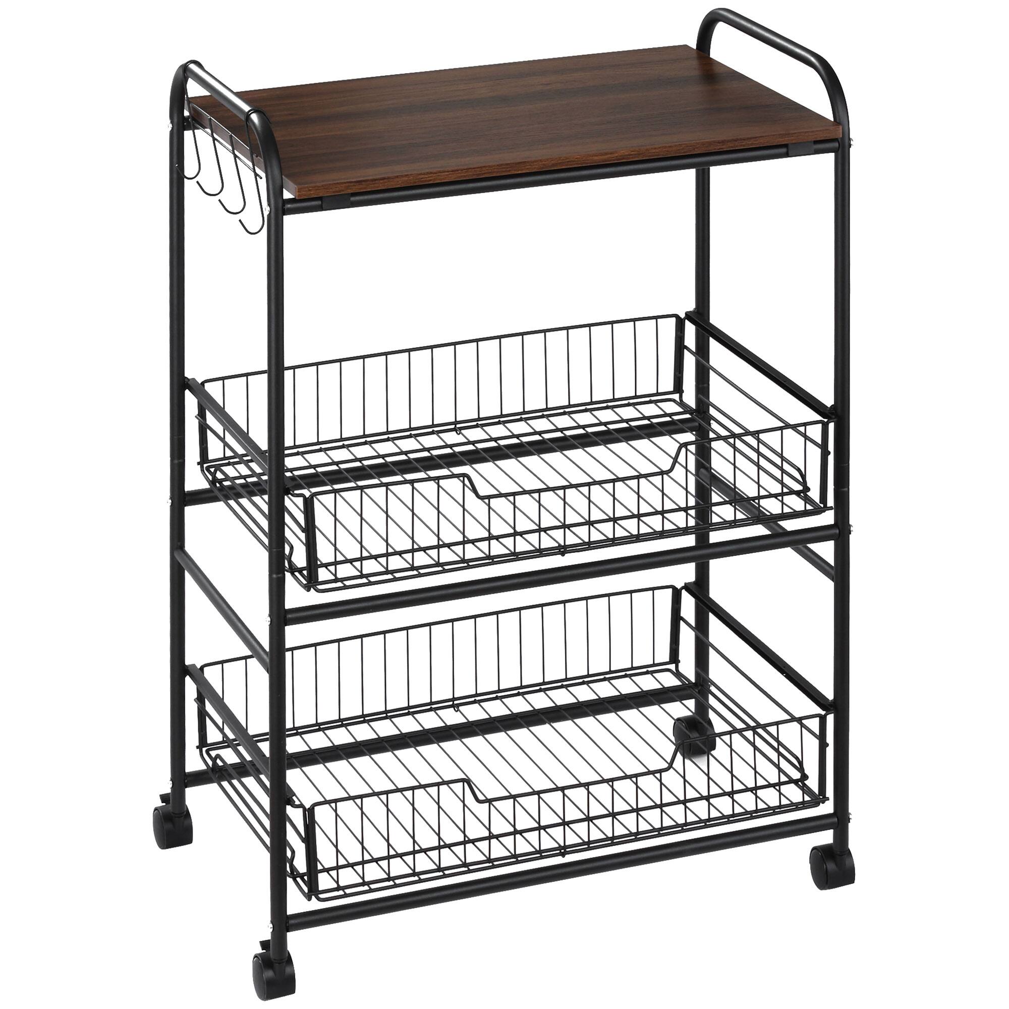 Homcom - 3 Tier Kitchen Cart with Storage, Rolling Kitchen Island Cart with 2 Sliding Fruit Basket and Side Hooks for Dining Room - Walnut