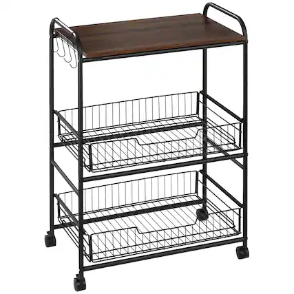 Front. Homcom - 3 Tier Kitchen Cart with Storage, Rolling Kitchen Island Cart with 2 Sliding Fruit Basket and Side Hooks for Dining Room - Walnut.