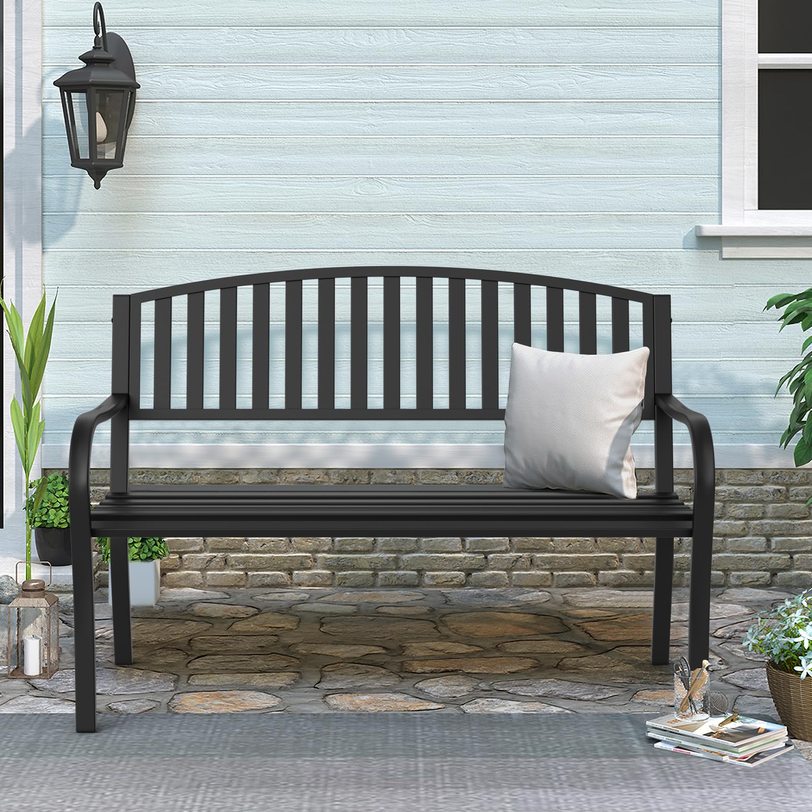 Left. JETRANSPORT - Outdoor Bench Garden Weatherproof Anti-rust Heavy-duty Outside Benches Clearance Wrought Iron Metal For Front - Rectangle.
