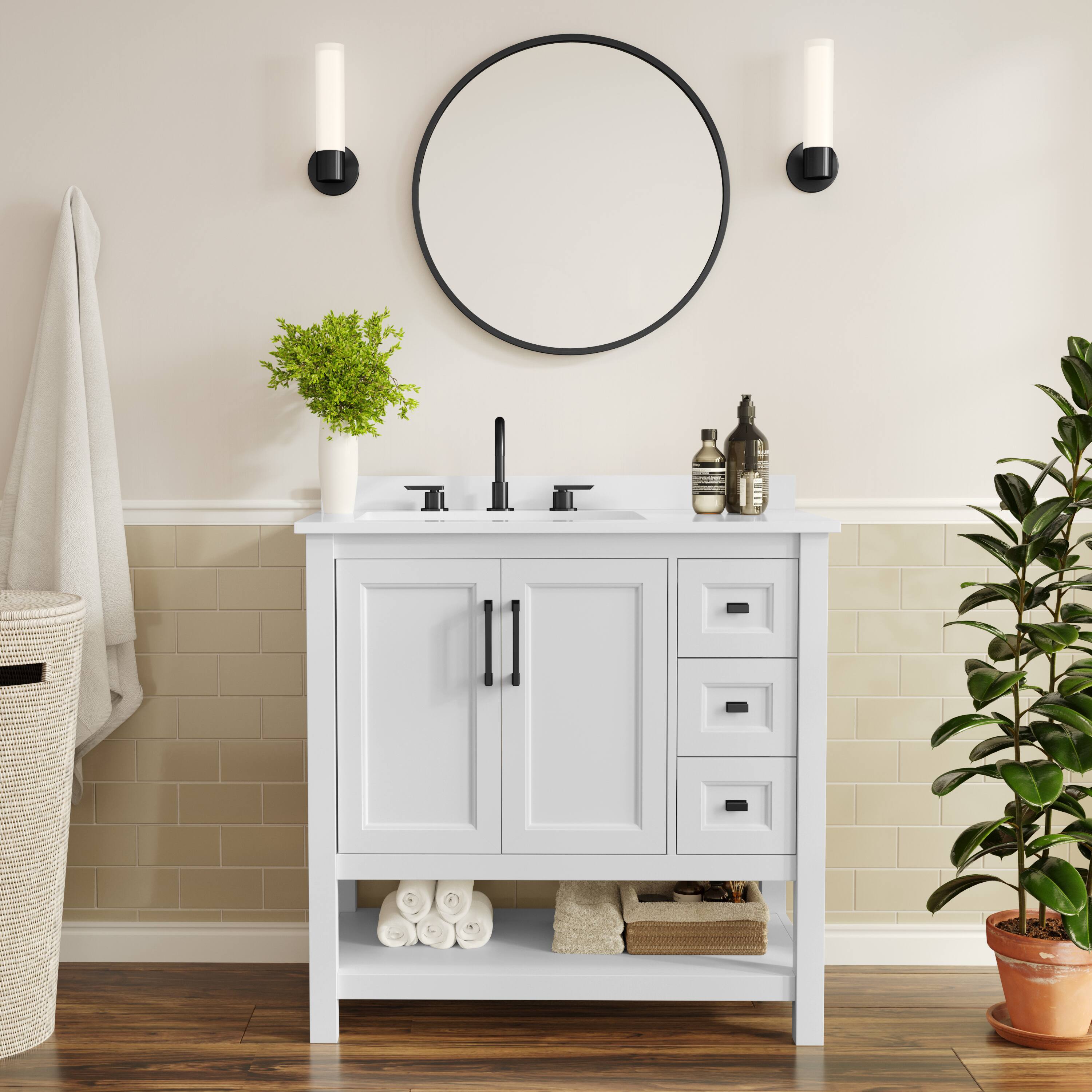 Alt View 1. Flash Furniture - Vega 36" Bathroom Vanity with Sink, Cabinet with Black Hardware, Soft Close Doors, Open Shelf & 3 Drawers, Carrara Marbl - White.