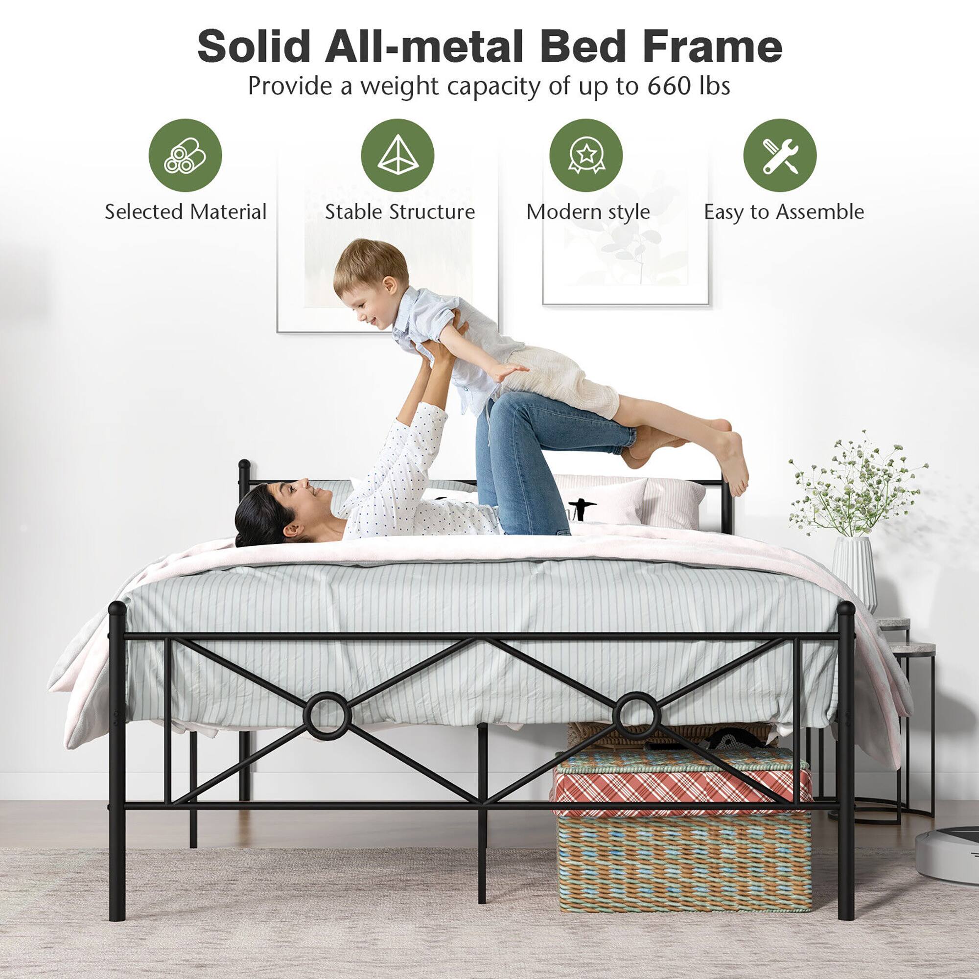 Solid All-metal Bed Frame  
Provide a weight capacity of up to 660 lbs  

Selected Material  
Stable Structure  
Modern style  
Easy to Assemble
