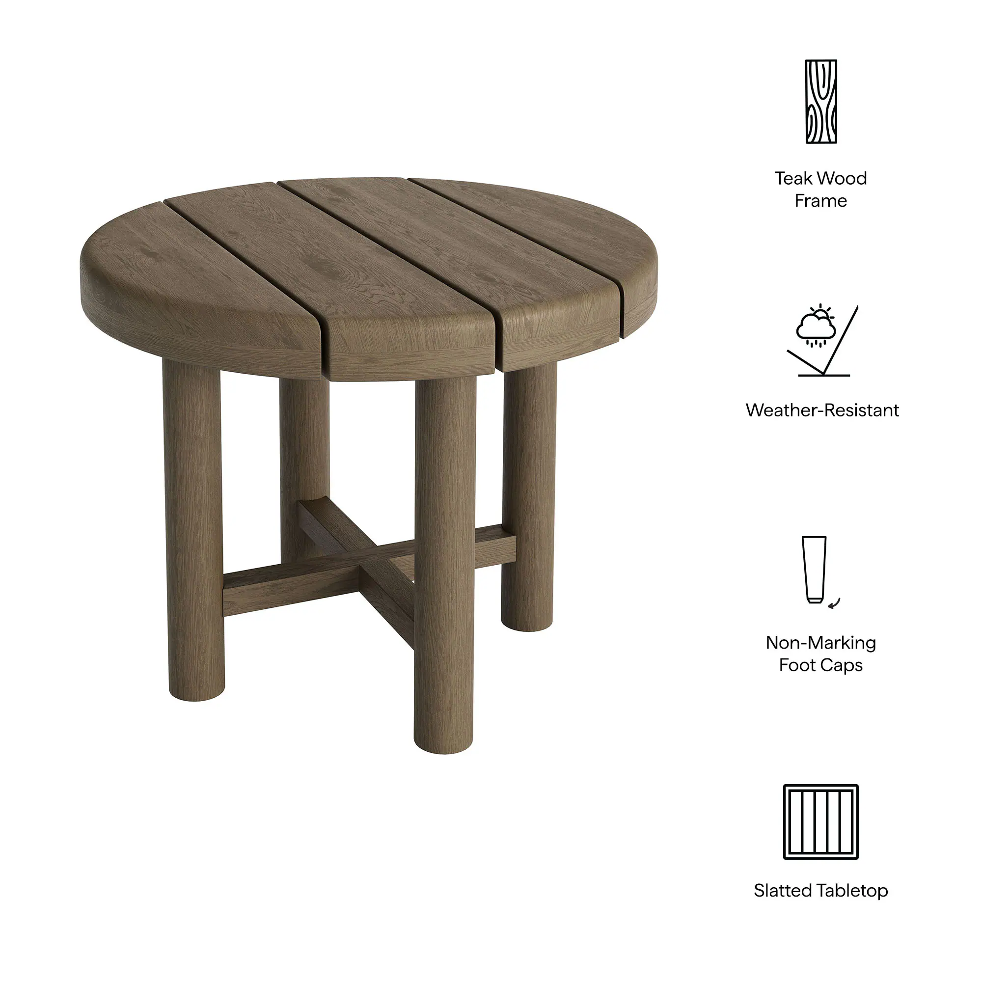 Teak Wood Frame, Weather-Resistant, Non-Marking Foot Caps, Slatted Tabletop