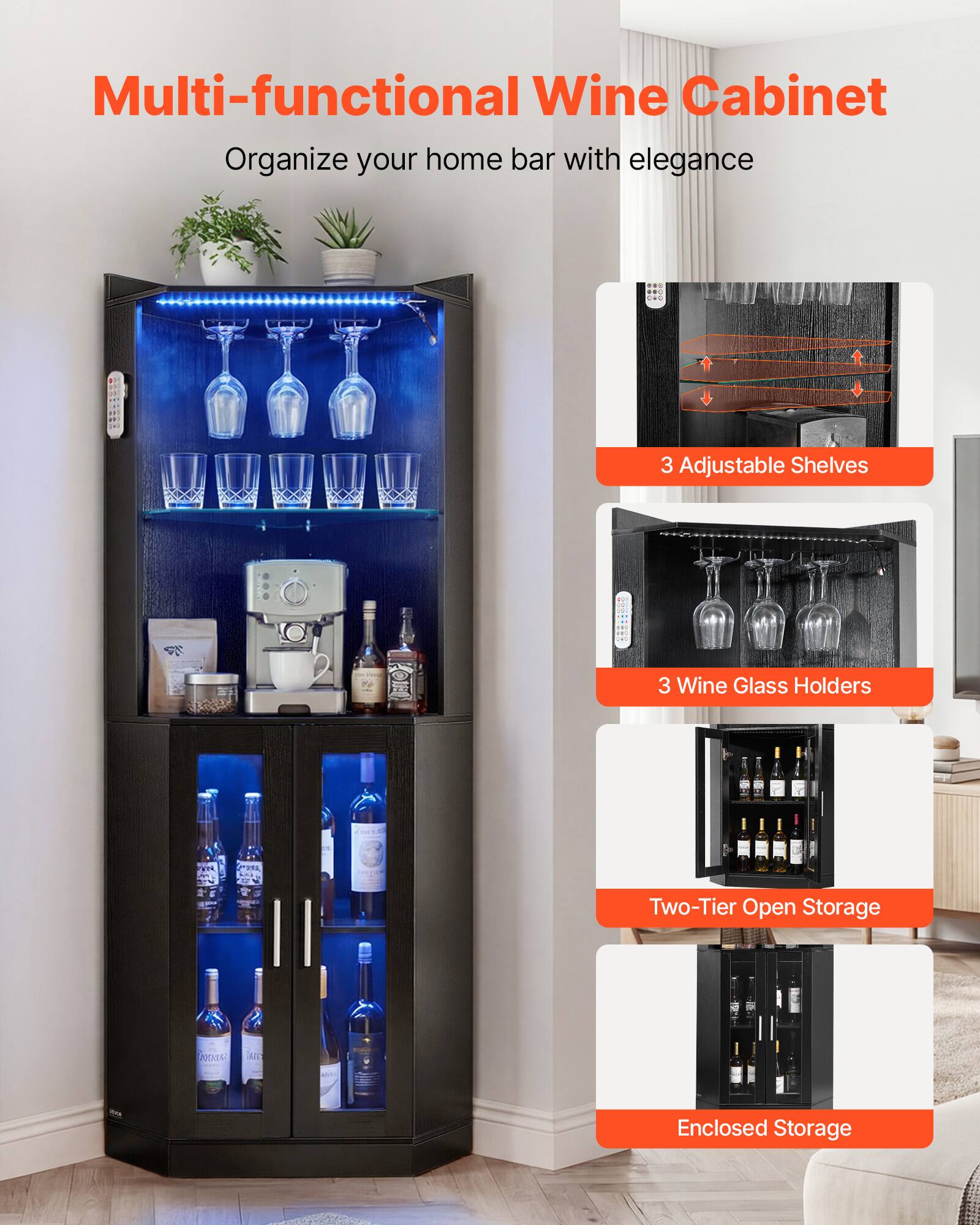 Multi-functional Wine Cabinet  
Organize your home bar with elegance  

- 3 Adjustable Shelves  
- 3 Wine Glass Holders  
- Two-Tier Open Storage  
- Enclosed Storage