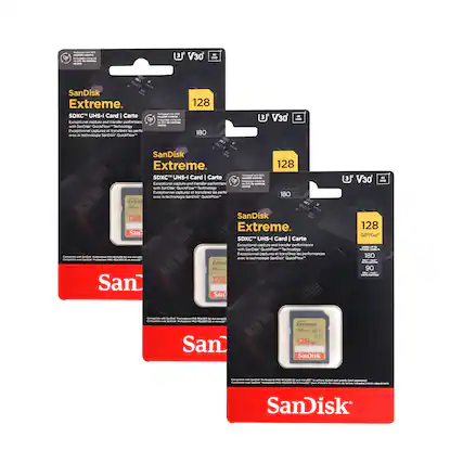 SanDisk Extreme. SDXC UHS-I Card | Carte Exceptional capture and transfer performance with SanDisk QuickFlow Technology. Exceptionnelles performances de capture et de transfert avec la technologie SanDisk QuickFlow. 128 GB. 180 MB/s. V30. 4K.