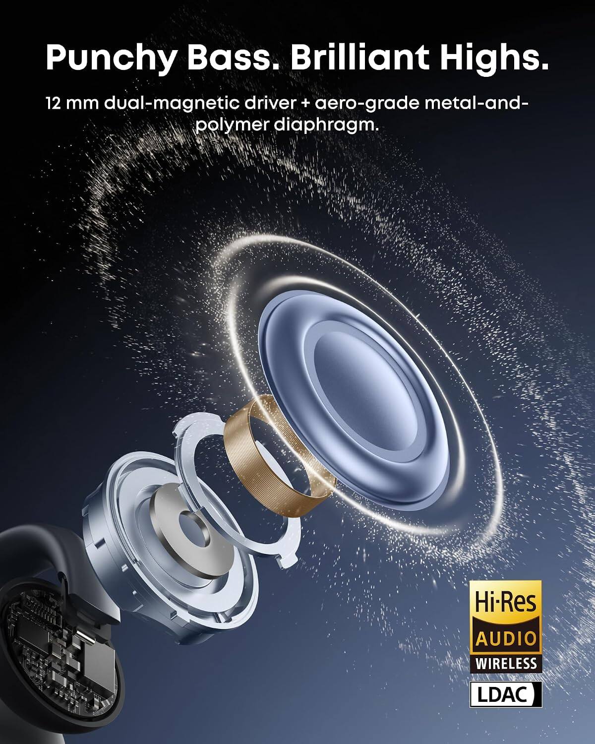 Punchy Bass. Brilliant Highs.  
12 mm dual-magnetic driver + aero-grade metal-and-polymer diaphragm.  

Hi-Res AUDIO WIRELESS  
LDAC