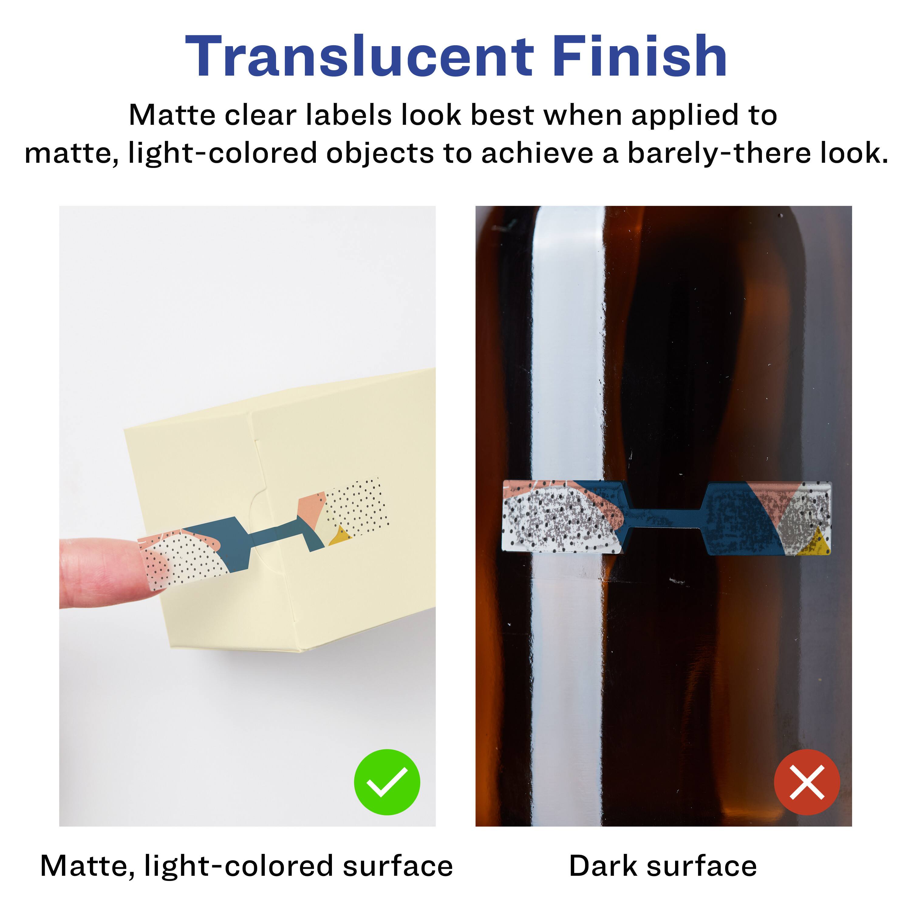 Translucent Finish

Matte clear labels look best when applied to matte, light-colored objects to achieve a barely-there look.

Matte, light-colored surface

Dark surface
