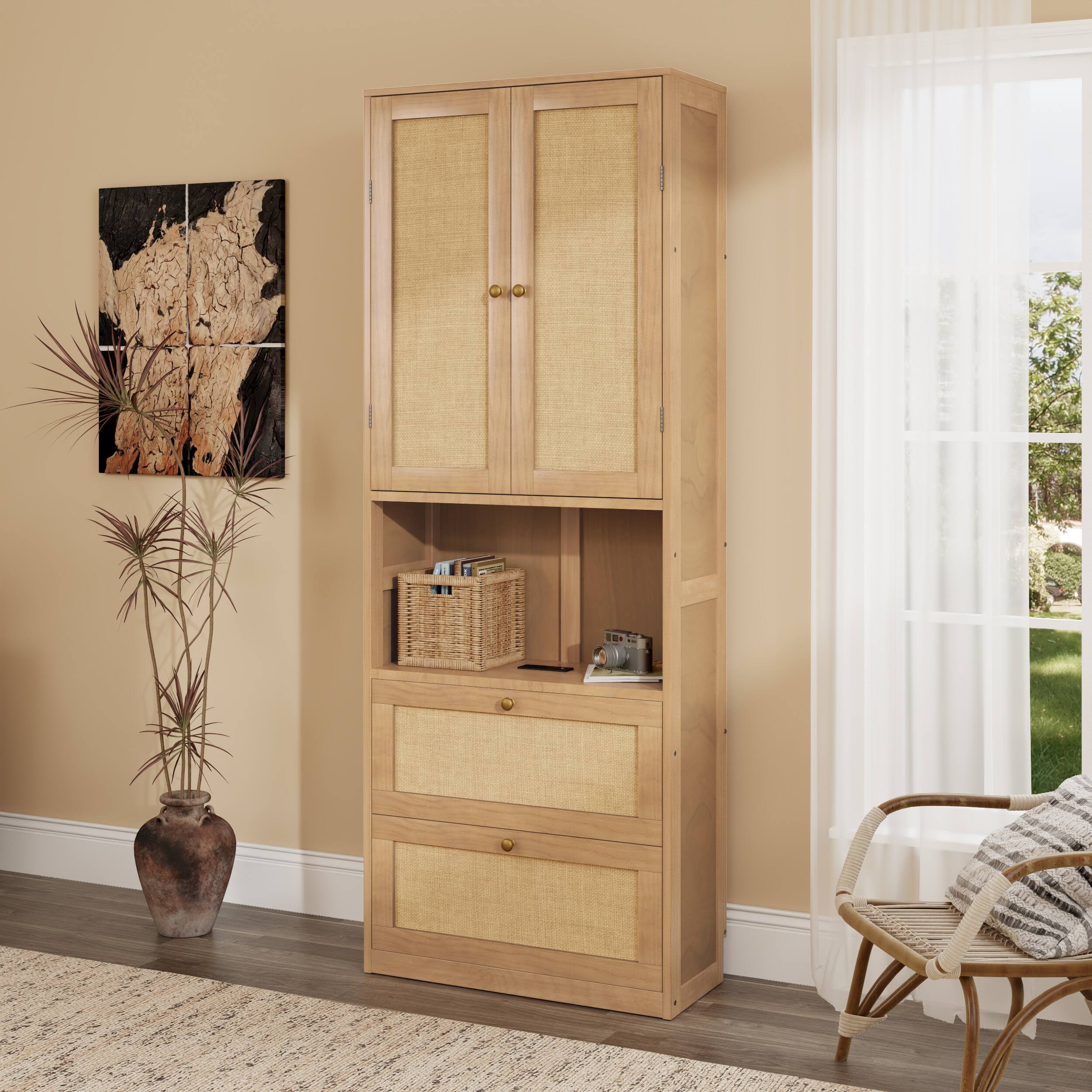 Angle. TinyHomie - 2 Doors Bookshelf with USB Port and 3 Drawers Side Cabinet Storage Shelves Natural - Natural.