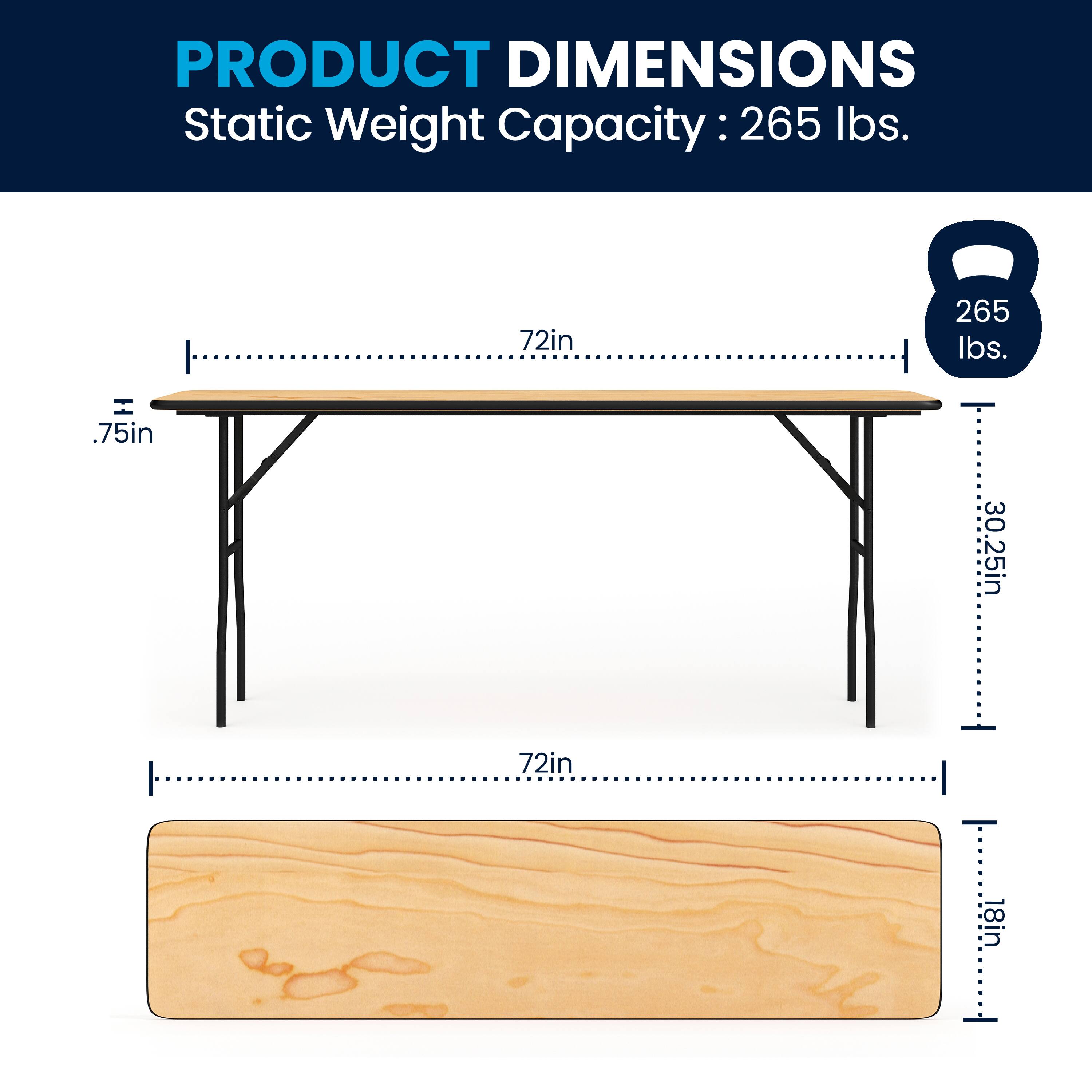 PRODUCT DIMENSIONS  
Static Weight Capacity: 265 lbs.  
72in x 30.25in x .75in