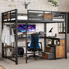 Anysun - Queen Loft Bed w/ Desk, Fabric Drawers, Metal Frame, Ladders, Noise-Free, No Box Spring Needed - Black