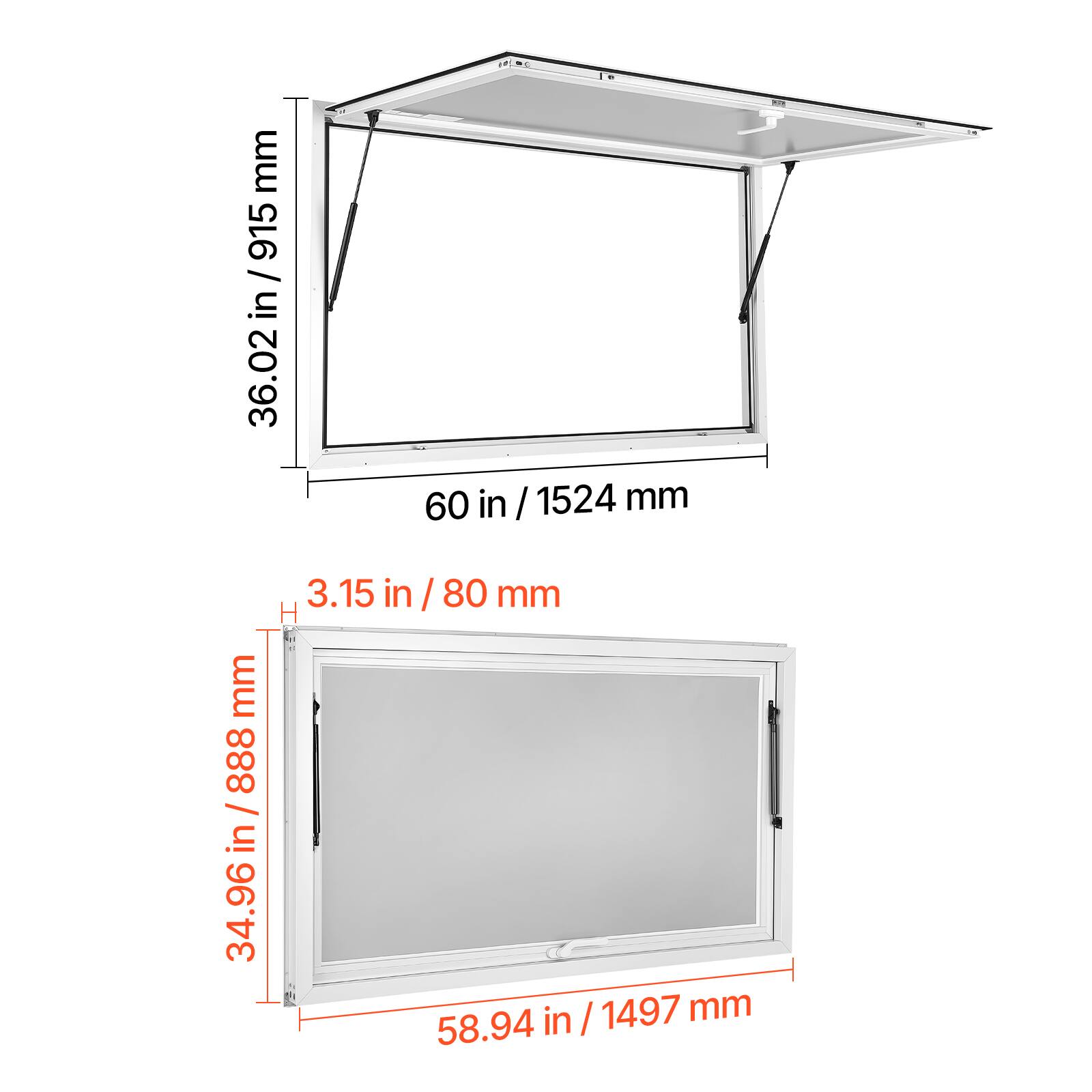 36.02 in / 915 mm  
60 in / 1524 mm  
3.15 in / 80 mm  
34.96 in / 888 mm  
58.94 in / 1497 mm