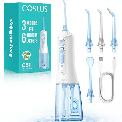 COSLUS C51 Oral Irrigator
3 Modes x 6 Intensity Levels
Everyone Enjoys
BPA Free
COSLUS