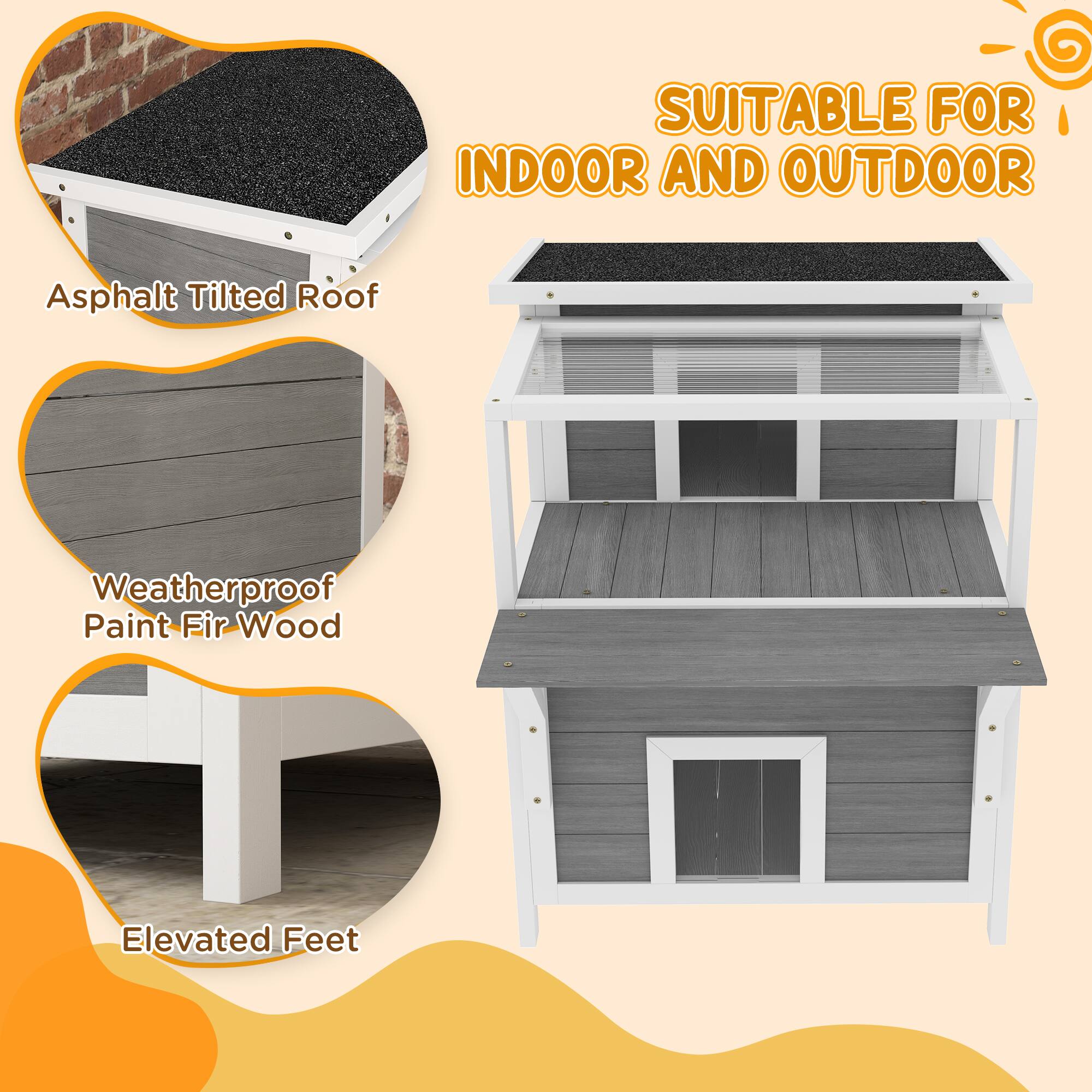 SUITABLE FOR INDOOR AND OUTDOOR

- Asphalt Tilted Roof
- Weatherproof Paint Fir Wood
- Elevated Feet