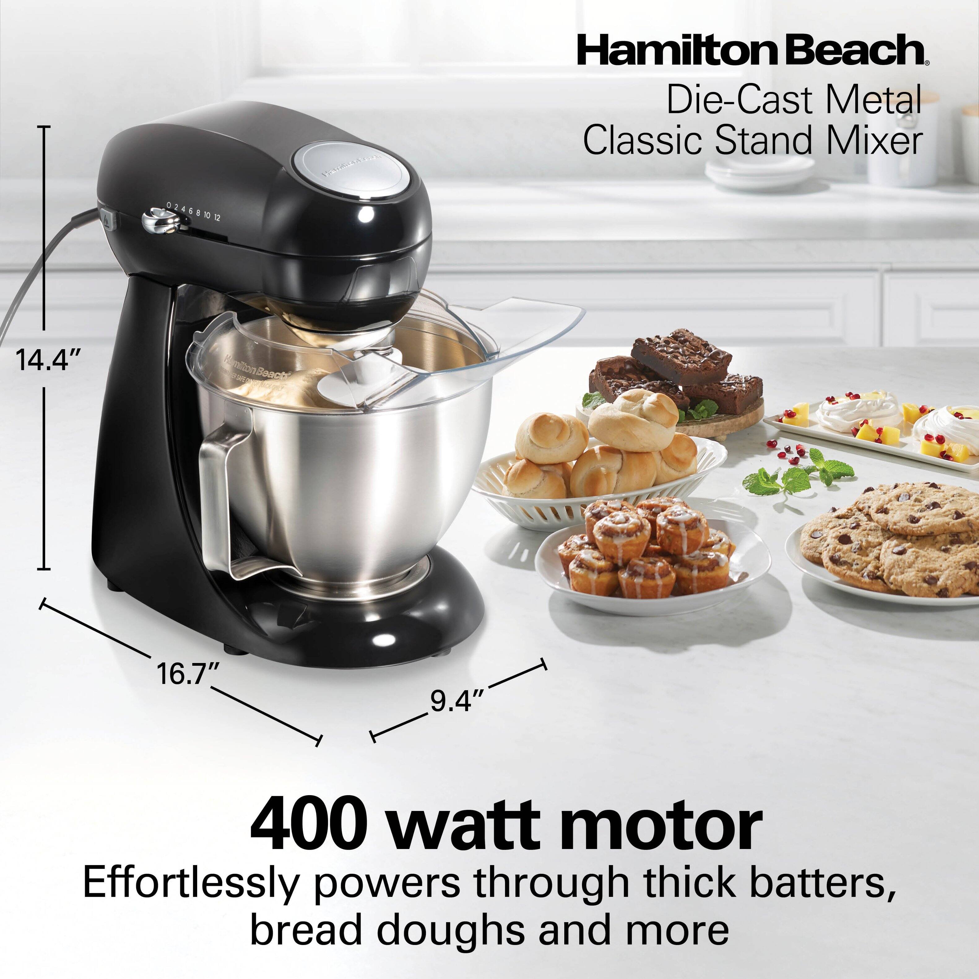 Hamilton Beach  
Die-Cast Metal Classic Stand Mixer

024681012

14.4"  
16.7"  
9.4"

400 watt motor  
Effortlessly powers through thick batters, bread doughs and more