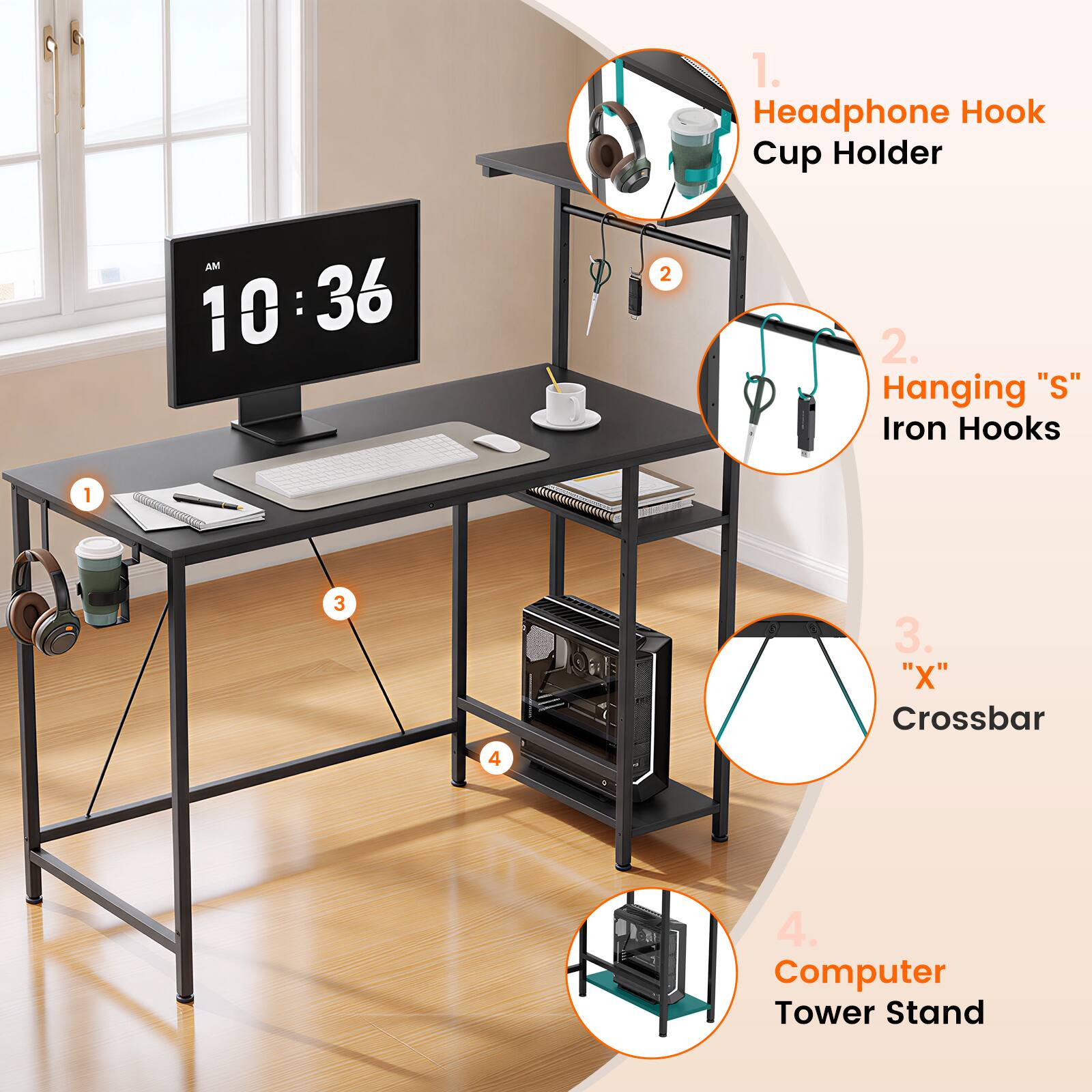 AM 10:36

1. Headphone Hook Cup Holder
2. Hanging "S" Iron Hooks
3. "X" Crossbar
4. Computer Tower Stand