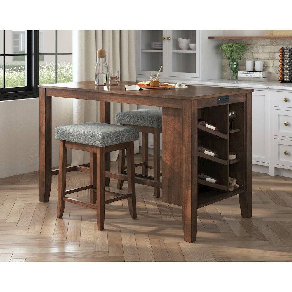 Alt View 5. Picket House Furnishings - Veronica Kitchen Island & 2 Counter Stools with Dark Grey Fabric in Walnut - Walnut.