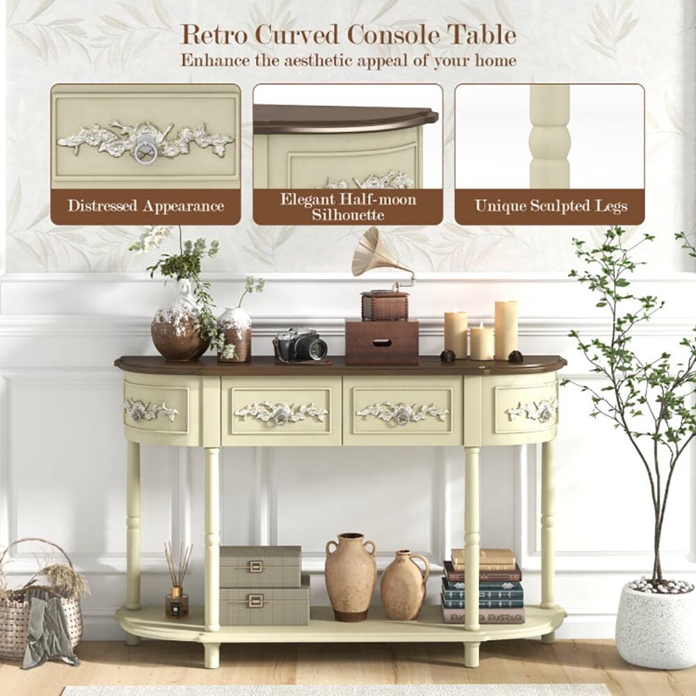 Retro Curved Console Table  
Enhance the aesthetic appeal of your home  

- Distressed Appearance  
- Elegant Half-moon Silhouette  
- Unique Sculpted Legs