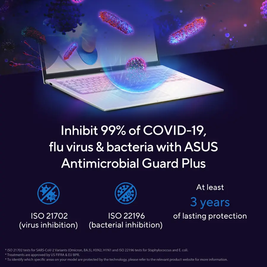 Inhibit 99% of COVID-19, flu virus & bacteria with ASUS Antimicrobial Guard Plus. At least 3 years of lasting protection (virus inhibition) (bacterial inhibition) ISO 21702 & ISO 22196 tests for SARS-CoV-2 Variants (Omicron, BAS), H3N2, H1N1, and SO 22196 tests for Staphylococcus and E coli. Treatments are approved by US FIFRA & EU BPR. To identify which specific areas on your model are protected by the technology, please refer to the relevant product website for more information.