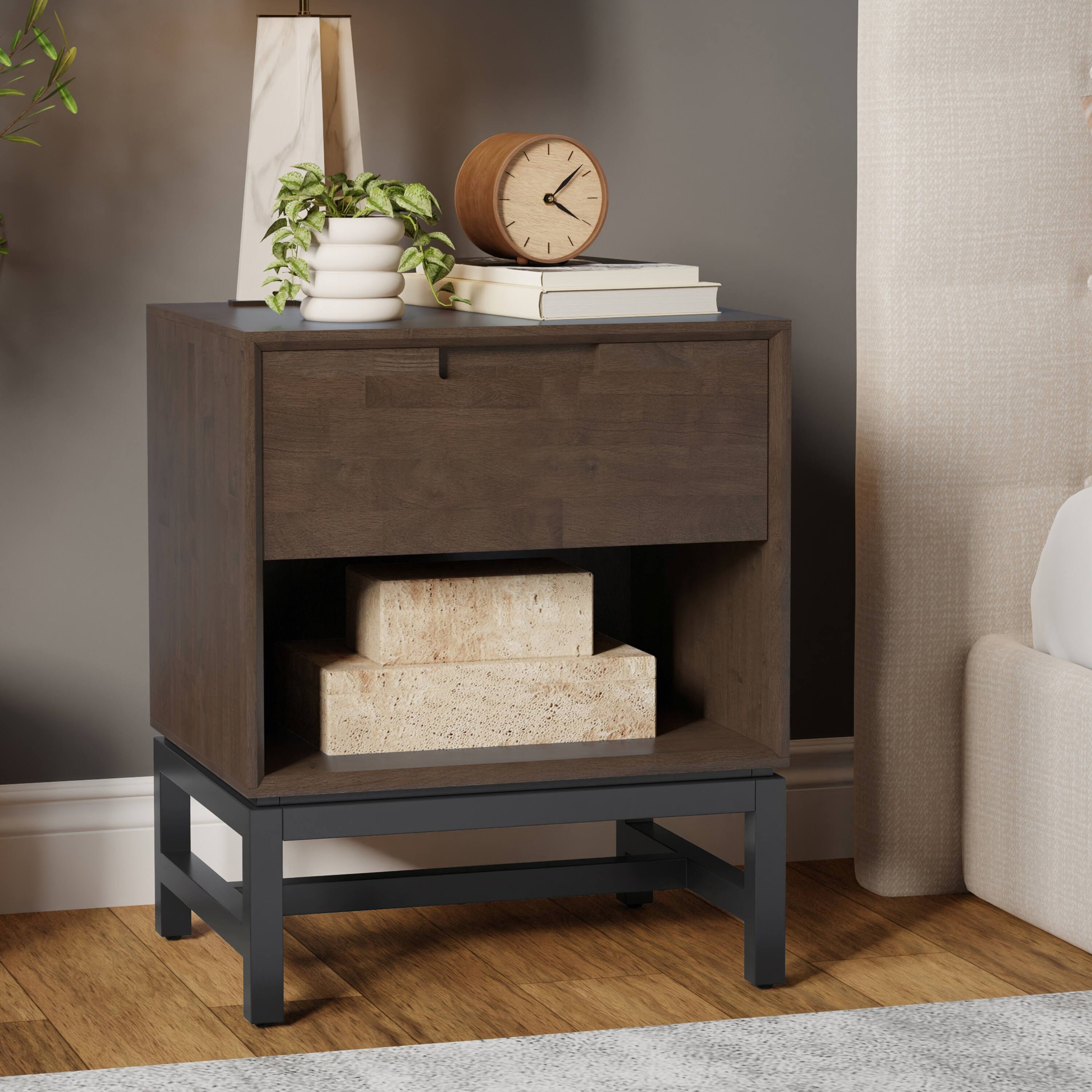 Angle. Simpli Home - Simpli Home Banting 20 inch Wide Solid Wood Mid Century Nightstand in Walnut Brown - Walnut Brown.