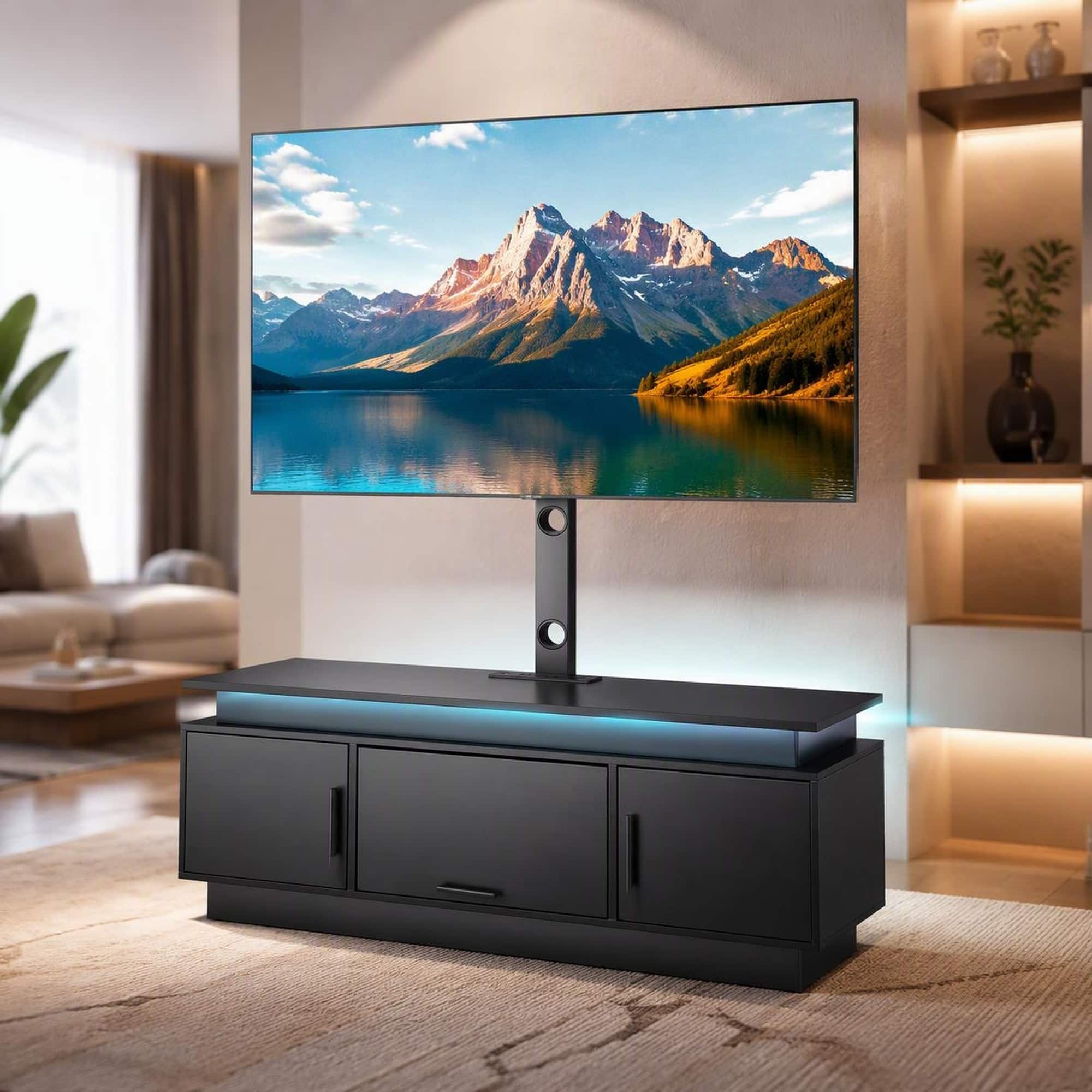 RYHNUYNE - 52 in TV Stand with Mount,Fits 32-75 in TVs,Power Outlet, LED Lights,3 Tiers Storage Cabinets Living Room - Black