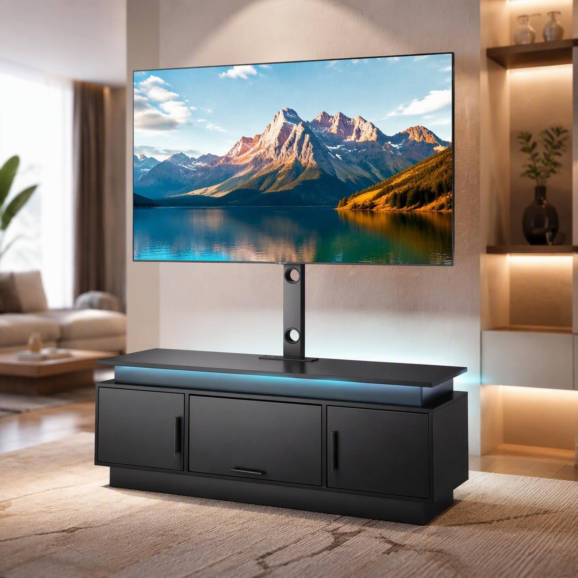 Front. RYHNUYNE - 52 in TV Stand with Mount,Fits 32-75 in TVs,Power Outlet, LED Lights,3 Tiers Storage Cabinets Living Room - Black.