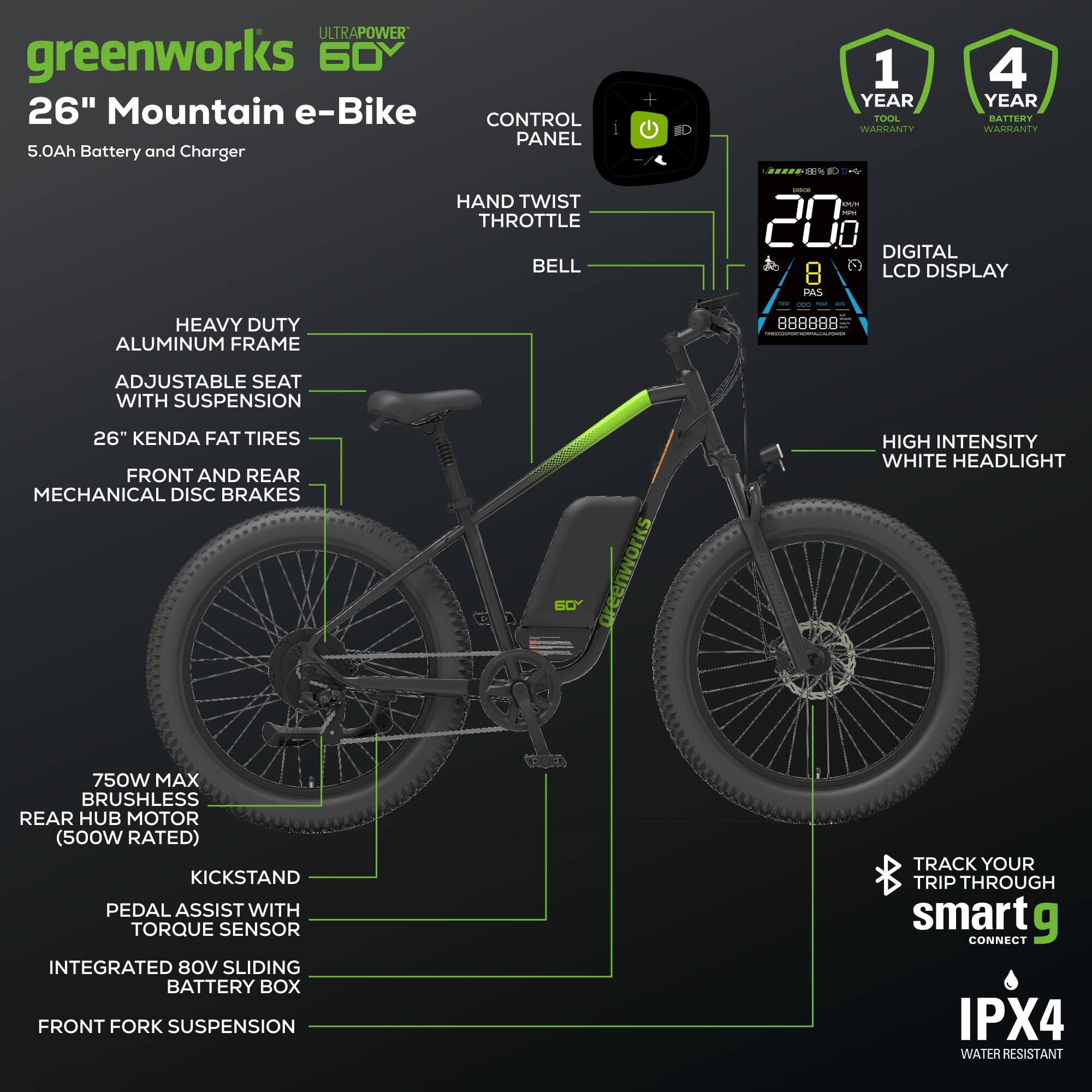 Alt View 8. Greenworks - Greenworks 60V 26" Fat Tire Electric Bicycle, Max 20mph Adjustable 7 Speed Mountain Bike for Adult, Teen - Green.