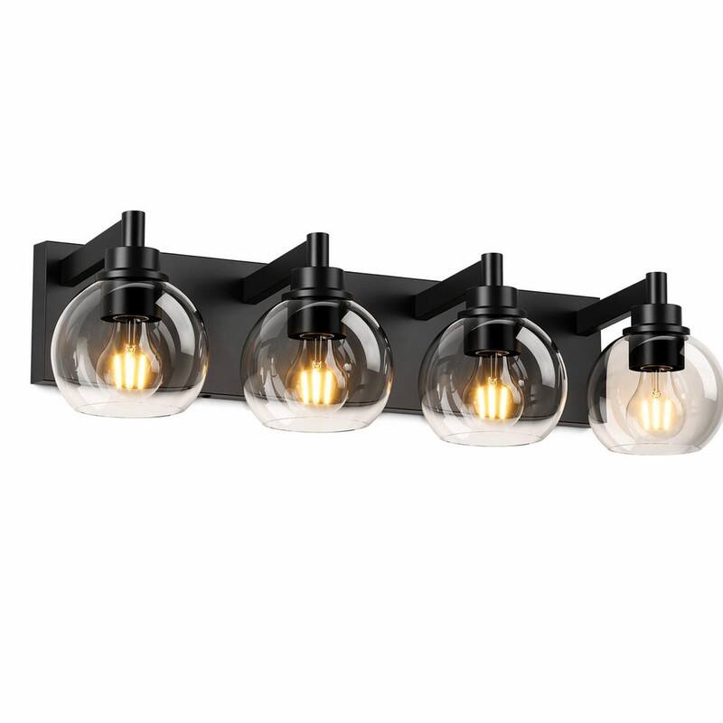 Front. RYHNUYNE - Matte Black 4-Light Vanity Bar with Clear Glass Globes for Bathroom, Bedroom, and Entryway – E26 Sockets, Up/Down Mount.