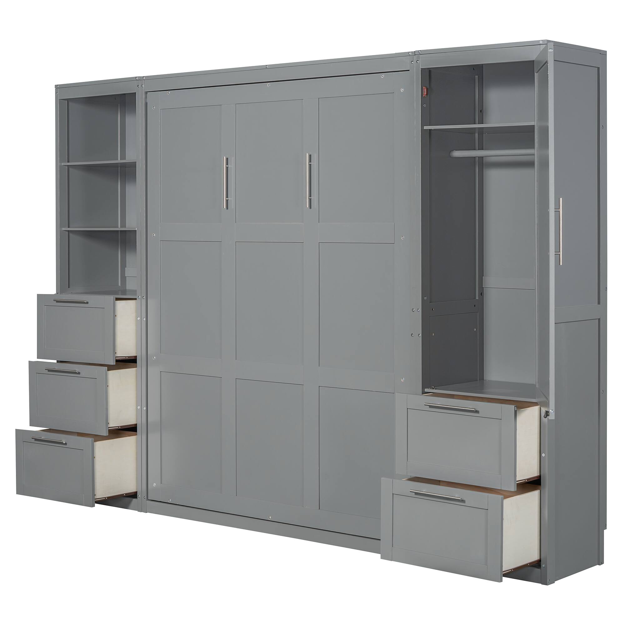 Alt View 7. Tiramisubest - Queen Size Murphy Bed with Closet, Drawers & Shelves, Gray, MDF+LVL - Gray.