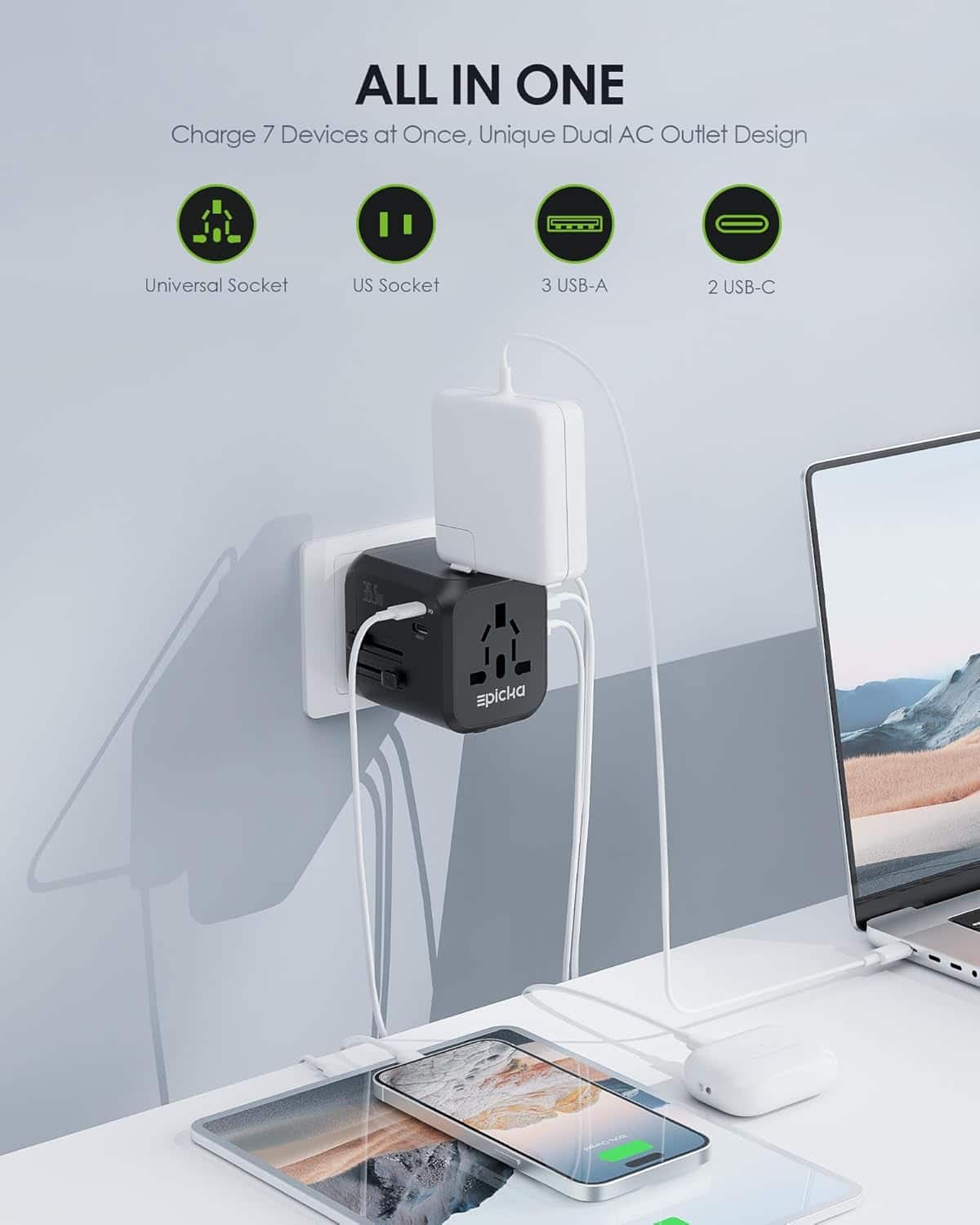 The text on the image reads "ALL IN ONE Charge 7 Devices at Once, Unique Dual AC Outlet Design Universal Socket US Socket 3 USB-A 2 USB-C Epicka." This text is grouped and corrected as follows:
"ALL IN ONE Charge 7 Devices at Once, Unique Dual AC Outlet Design Universal Socket US Socket 3 USB-A 2 USB-C Epicka."