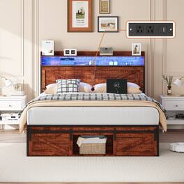 LUCKY ONE - Queen-size Bed Frame with Storage Headboard, Footboard Storage Compartments and LED Lighting - Brown