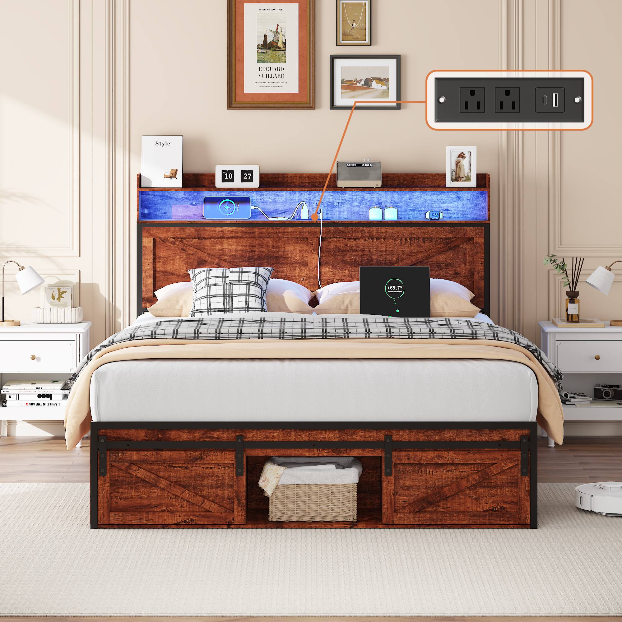 LUCKY ONE - Queen-size Bed Frame with Storage Headboard, Footboard Storage Compartments and LED Lighting - Brown