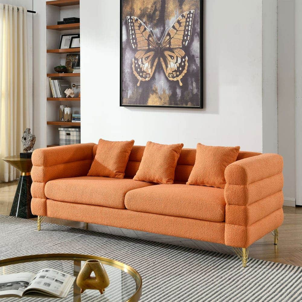 Kadyn - 81" 3-Seater Sectional Sofa, Plush Teddy Fabric with Deep Comfort and 3 Included Pillows, Orange - Orange