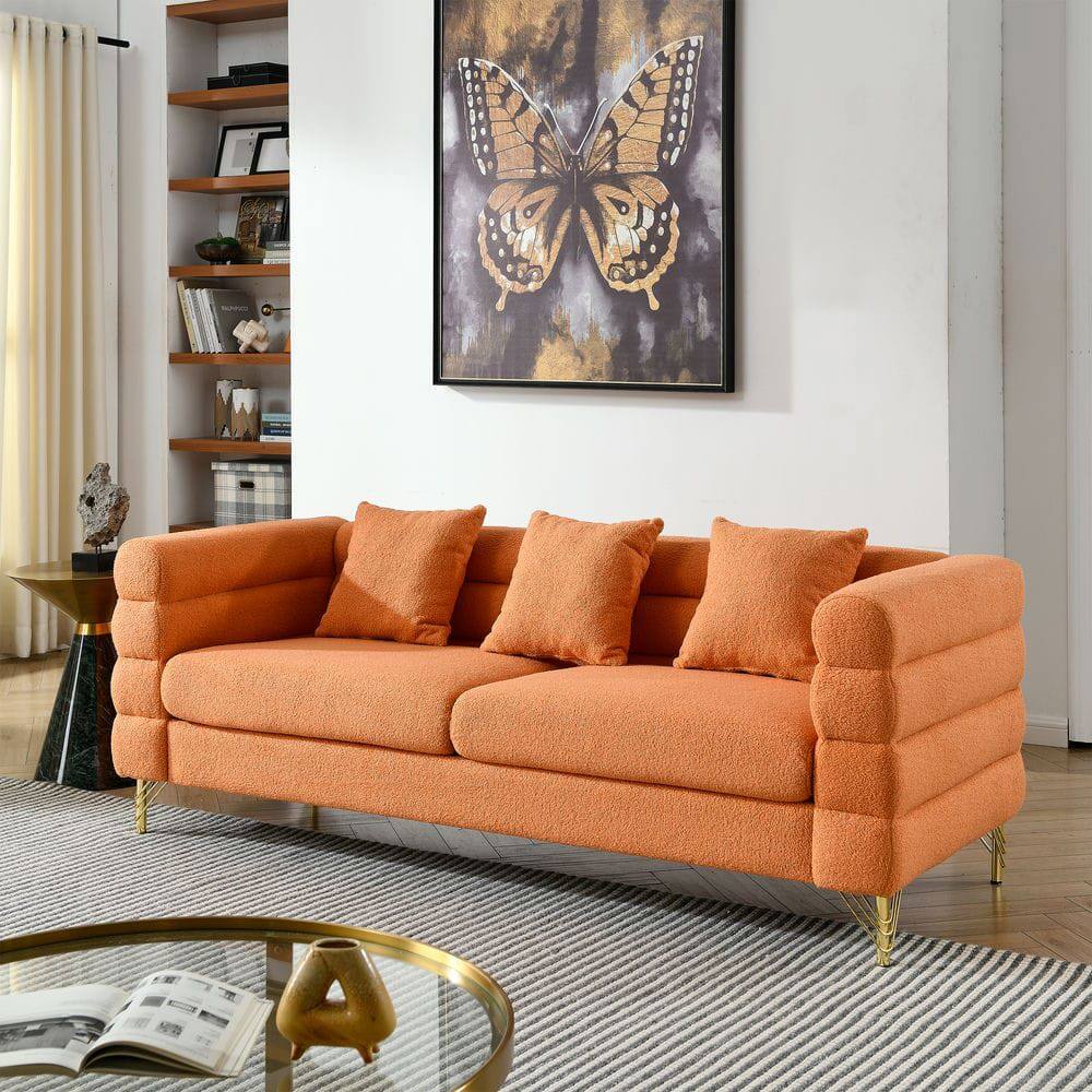Front. Kadyn - 81" 3-Seater Sectional Sofa, Plush Teddy Fabric with Deep Comfort and 3 Included Pillows, Orange - Orange.