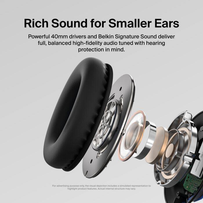 Rich Sound for Smaller Ears

Powerful 40mm drivers and Belkin Signature Sound deliver full, balanced high-fidelity audio tuned with hearing protection in mind.

For advertising purpose only, the visual depiction includes a simulated representation to highlight product features. Actual internal structure may vary.
