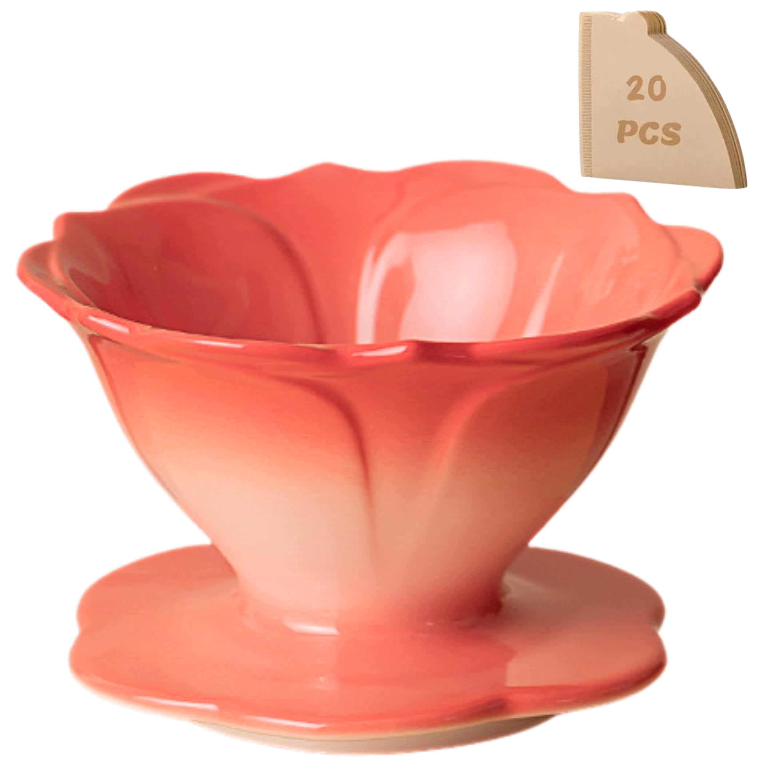 Fabibe - Flower Shape - Ceramic Pour Over Coffee Maker Slow Brewing Accessories For Home & Travel (with 20 Filters V60-01 Insi - Coral