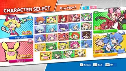 CHARACTER SELECT

1P: Honnal
2P: Amitie
sega_dhani

1P: Hed
CPU1: Serilly
CPU2: Carbuncle

Player 2

R Random
Esc Back
Enter OK