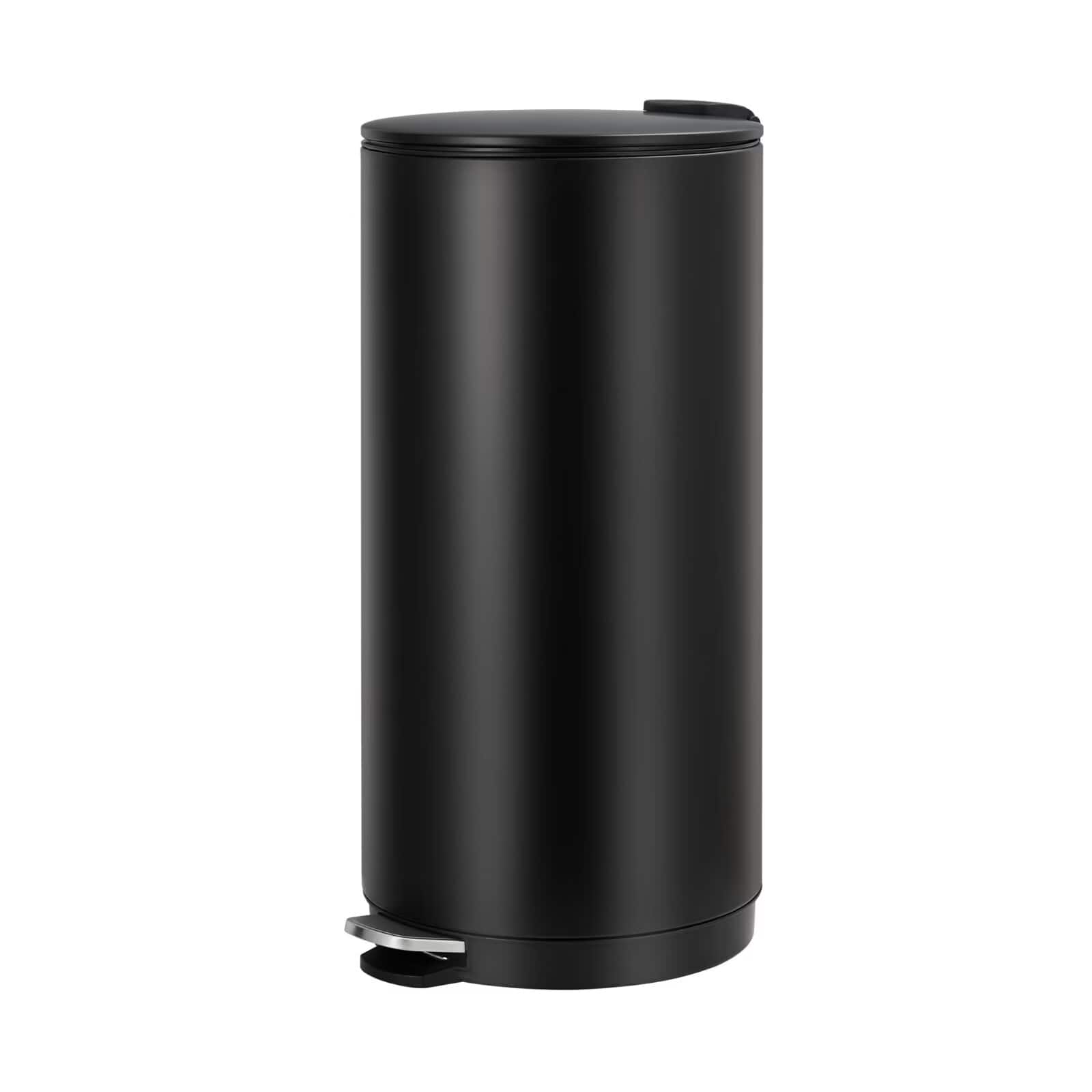 Acekool - 8 Gallon Round Trash Can 30 Liter, Soft Close Lid, Foot Pedal, Removable Inner Bucket, for Kitchen Bathroom Office - Black