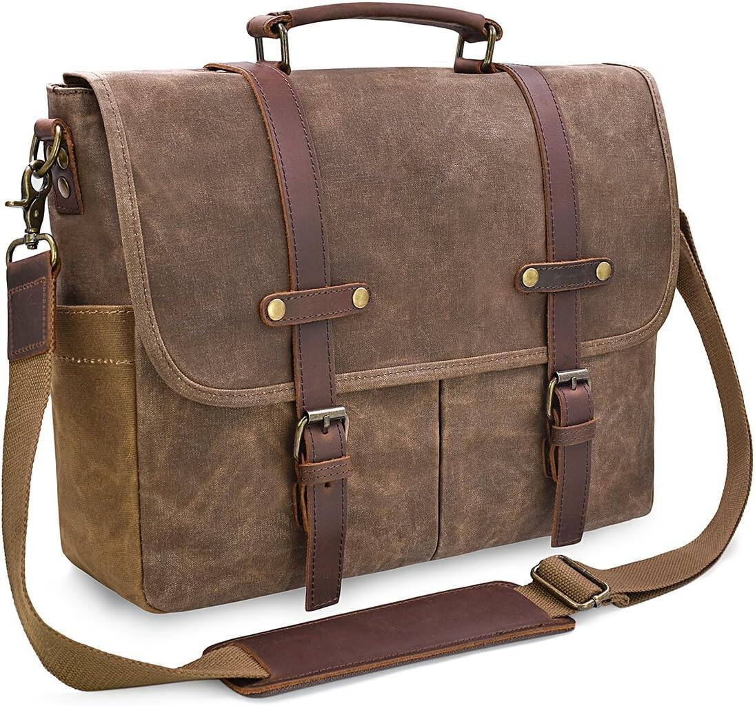 Front. Vulpecula Spade - Messenger Bag  Waterproof Vintage Genuine Leather Waxed Canvas Briefcase Large Leather Computer Laptop Bag - Brown.