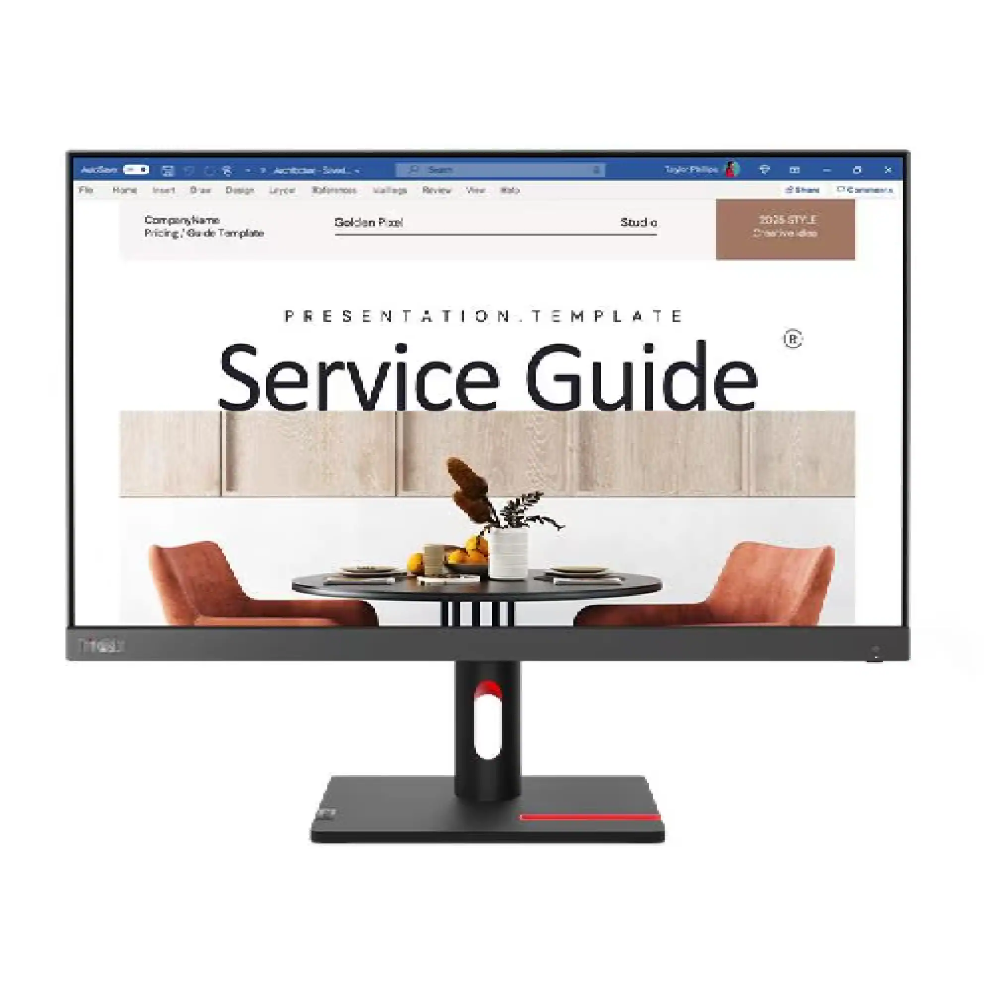 Sure, here is the corrected and grouped text:

---

**Company Name**  
**Pricing Guide Template**

**PRESENTATION TEMPLATE**  
**Service Guide**

**Golden Pzzz!**

**Studio**

**2025 STYLE**

**R**

---

This text appears to be part of a presentation template for a service guide.