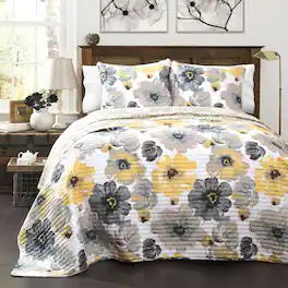 Hivvago - King size Flowers Lightweight Polyester Microfiber Quilt Set - White Yellow Grey